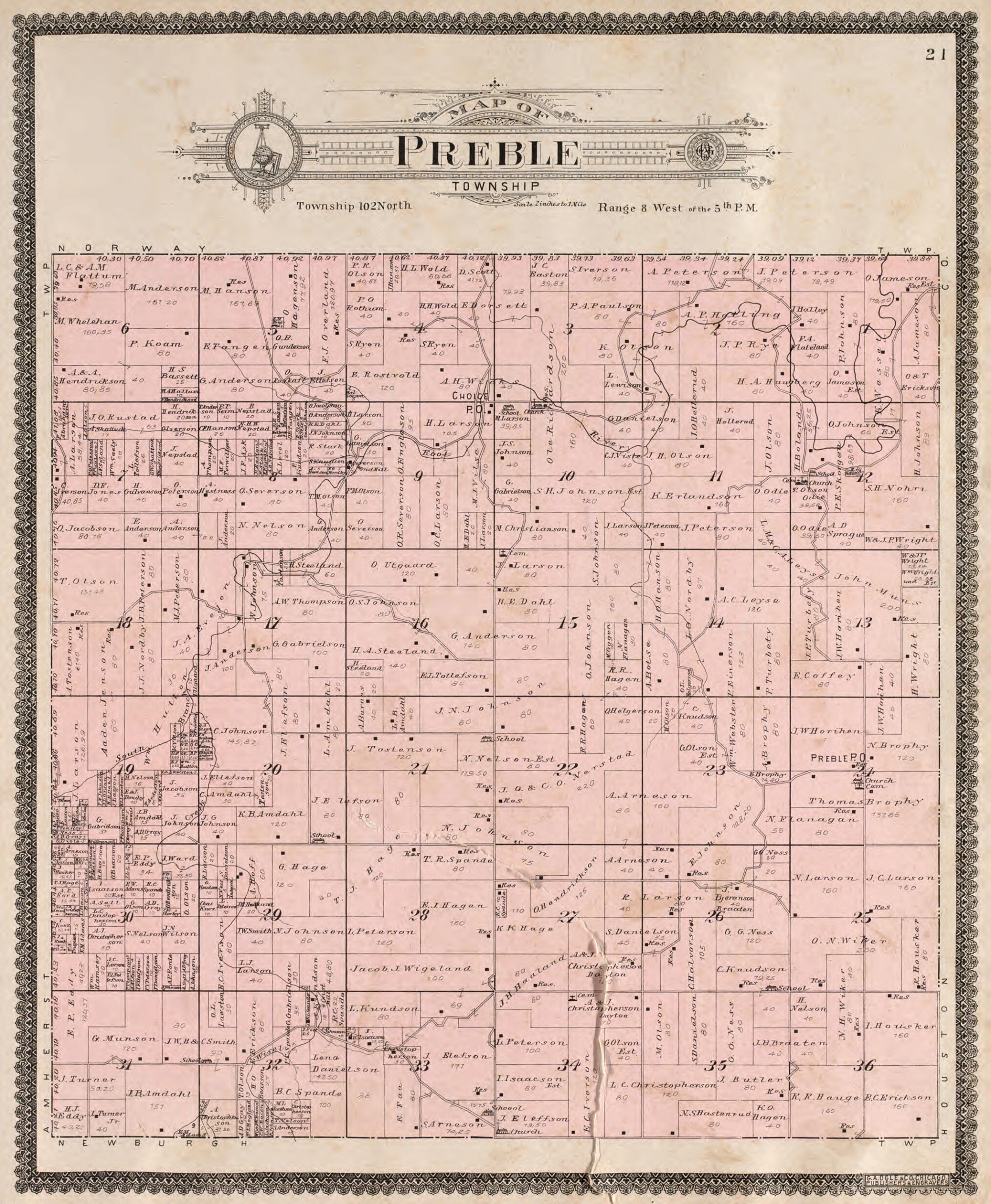 This old map of Preble Township from Standard Atlas of Fillmore County, Minnesota from 1896 was created by Geo. A. Ogle & Co in 1896