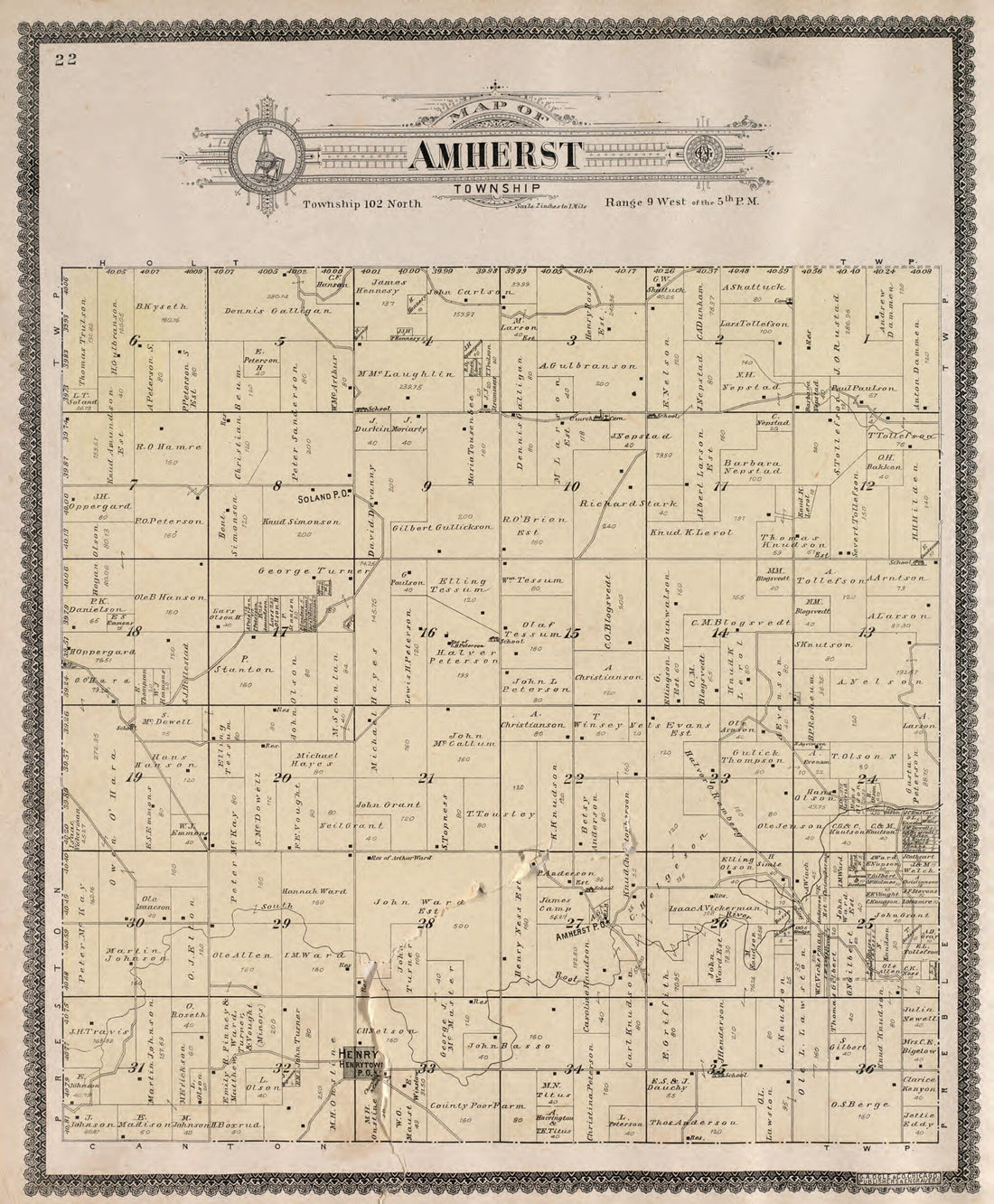 This old map of Amherst Township from Standard Atlas of Fillmore County, Minnesota from 1896 was created by Geo. A. Ogle & Co in 1896
