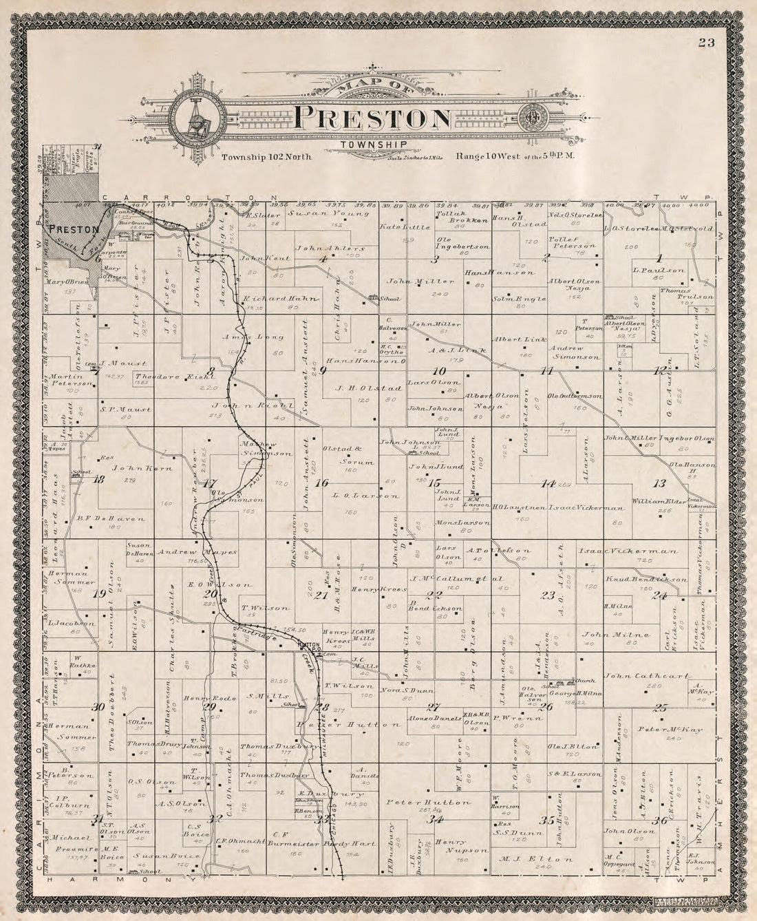 This old map of Preston Township from Standard Atlas of Fillmore County, Minnesota from 1896 was created by Geo. A. Ogle & Co in 1896