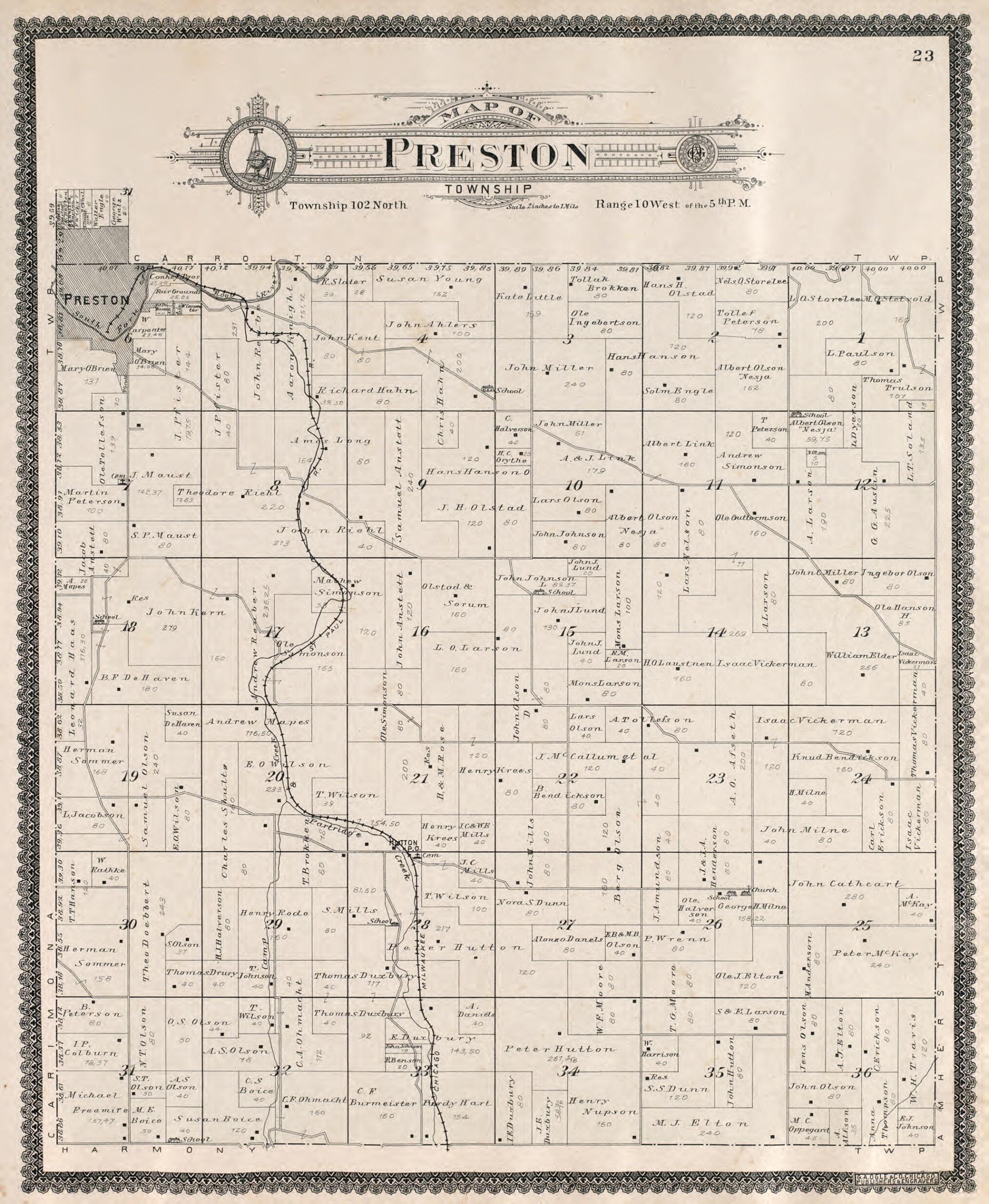 This old map of Preston Township from Standard Atlas of Fillmore County, Minnesota from 1896 was created by Geo. A. Ogle & Co in 1896