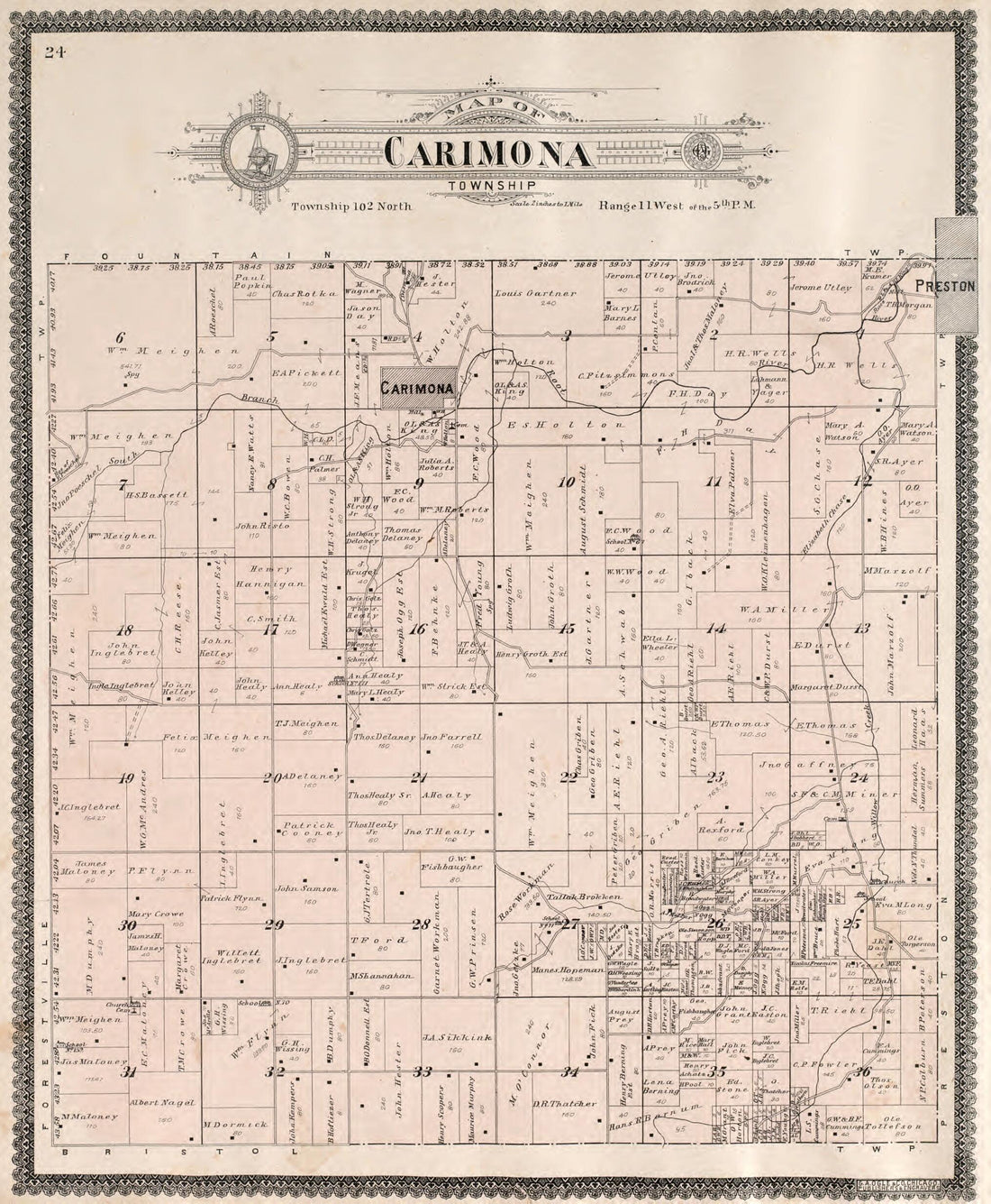 This old map of Carimona Township from Standard Atlas of Fillmore County, Minnesota from 1896 was created by Geo. A. Ogle & Co in 1896