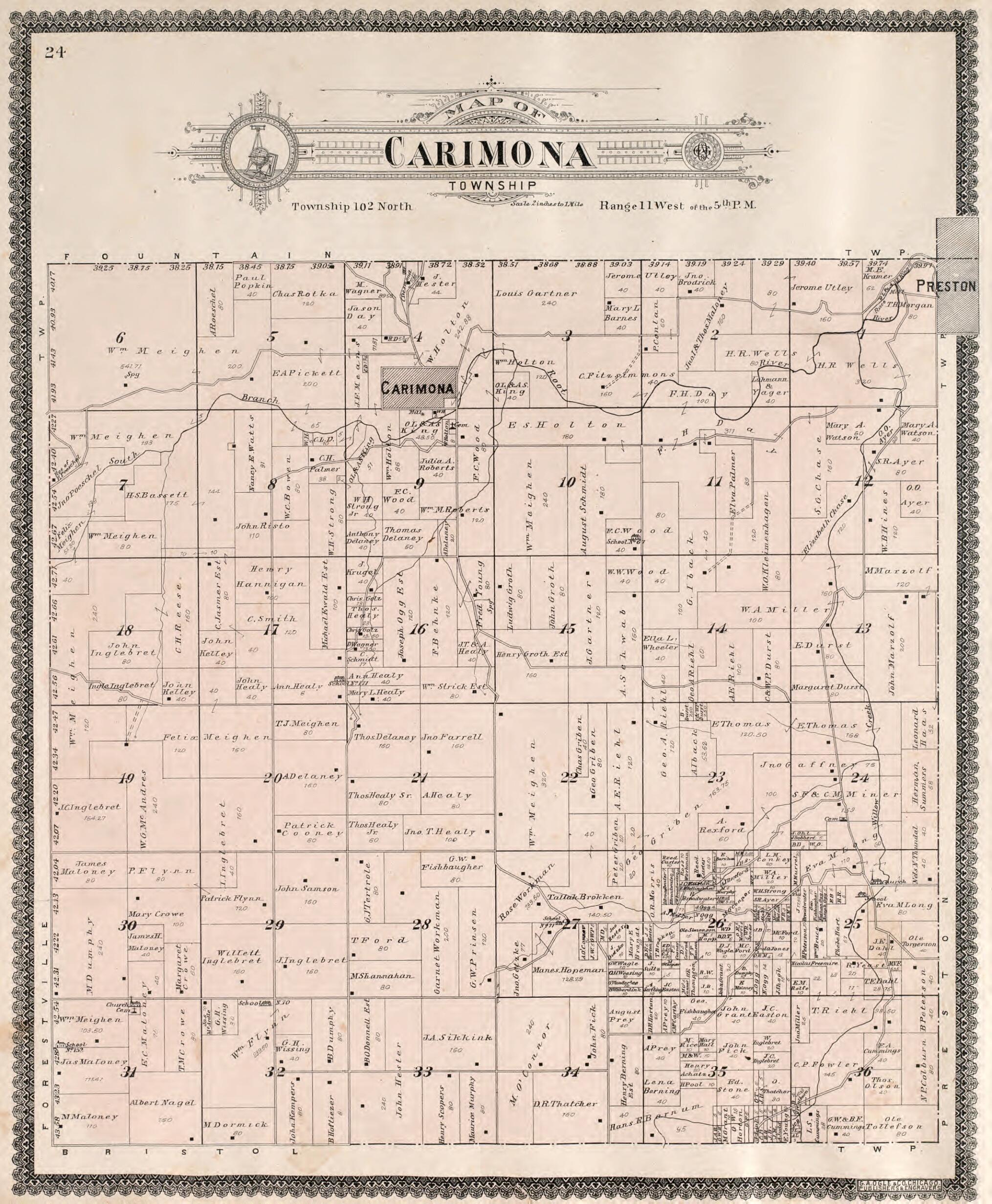 This old map of Carimona Township from Standard Atlas of Fillmore County, Minnesota from 1896 was created by Geo. A. Ogle & Co in 1896