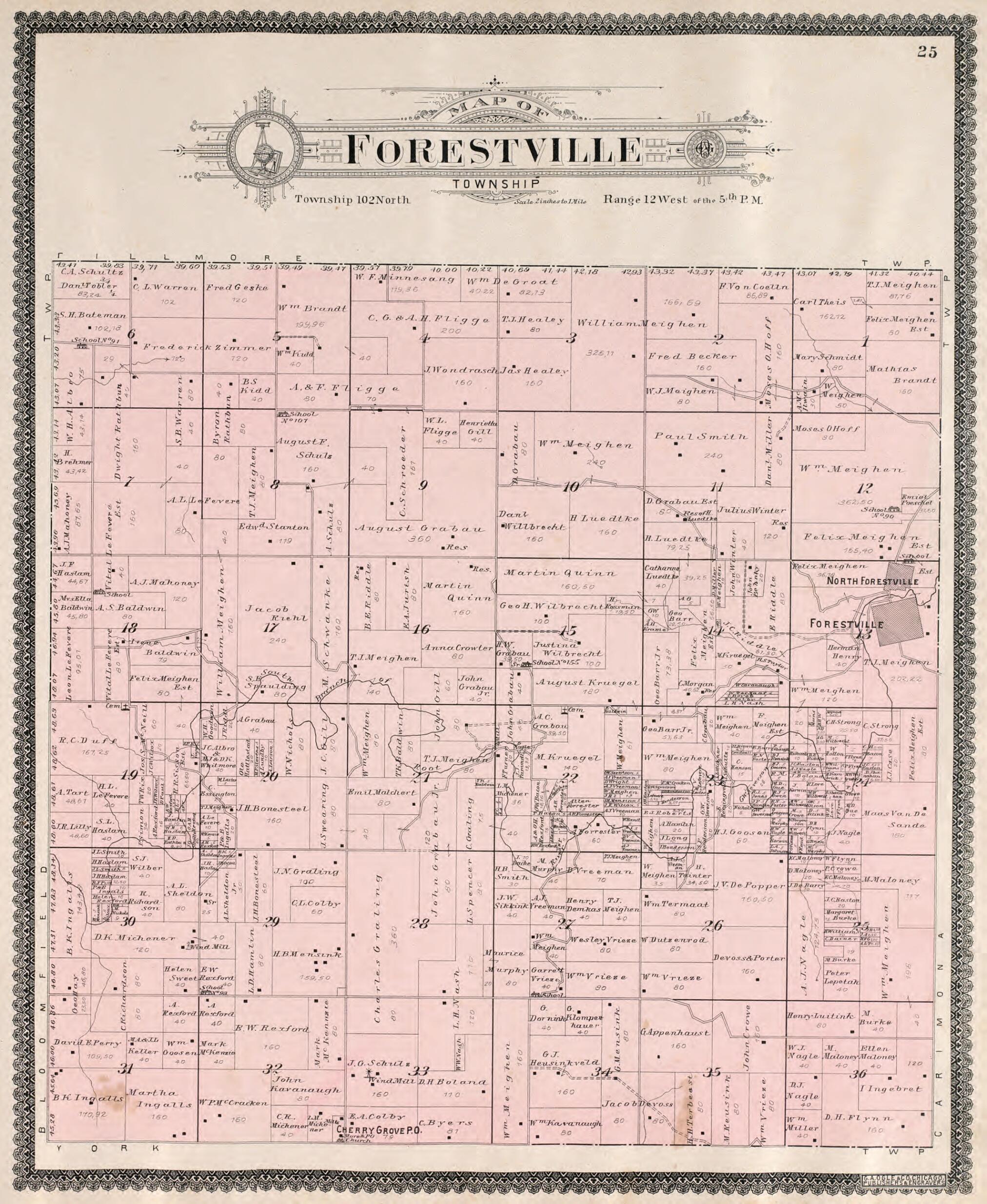 This old map of Forestville Township from Standard Atlas of Fillmore County, Minnesota from 1896 was created by Geo. A. Ogle & Co in 1896