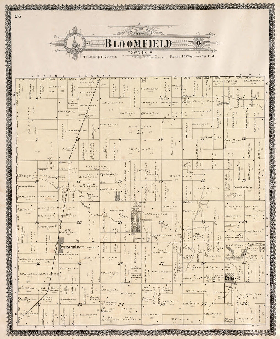 This old map of Bloomfield Township from Standard Atlas of Fillmore County, Minnesota from 1896 was created by Geo. A. Ogle & Co in 1896