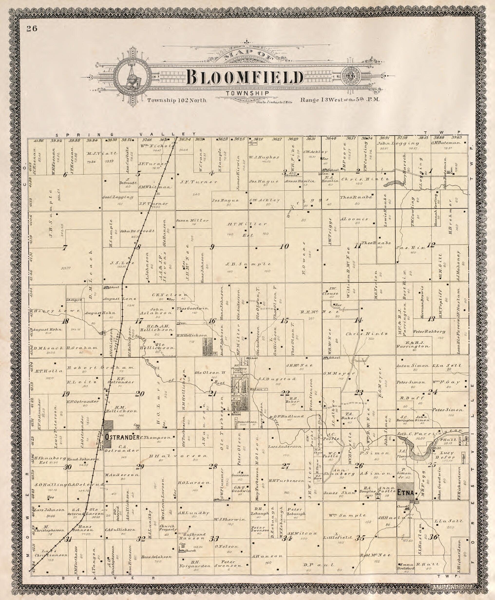 This old map of Bloomfield Township from Standard Atlas of Fillmore County, Minnesota from 1896 was created by Geo. A. Ogle & Co in 1896