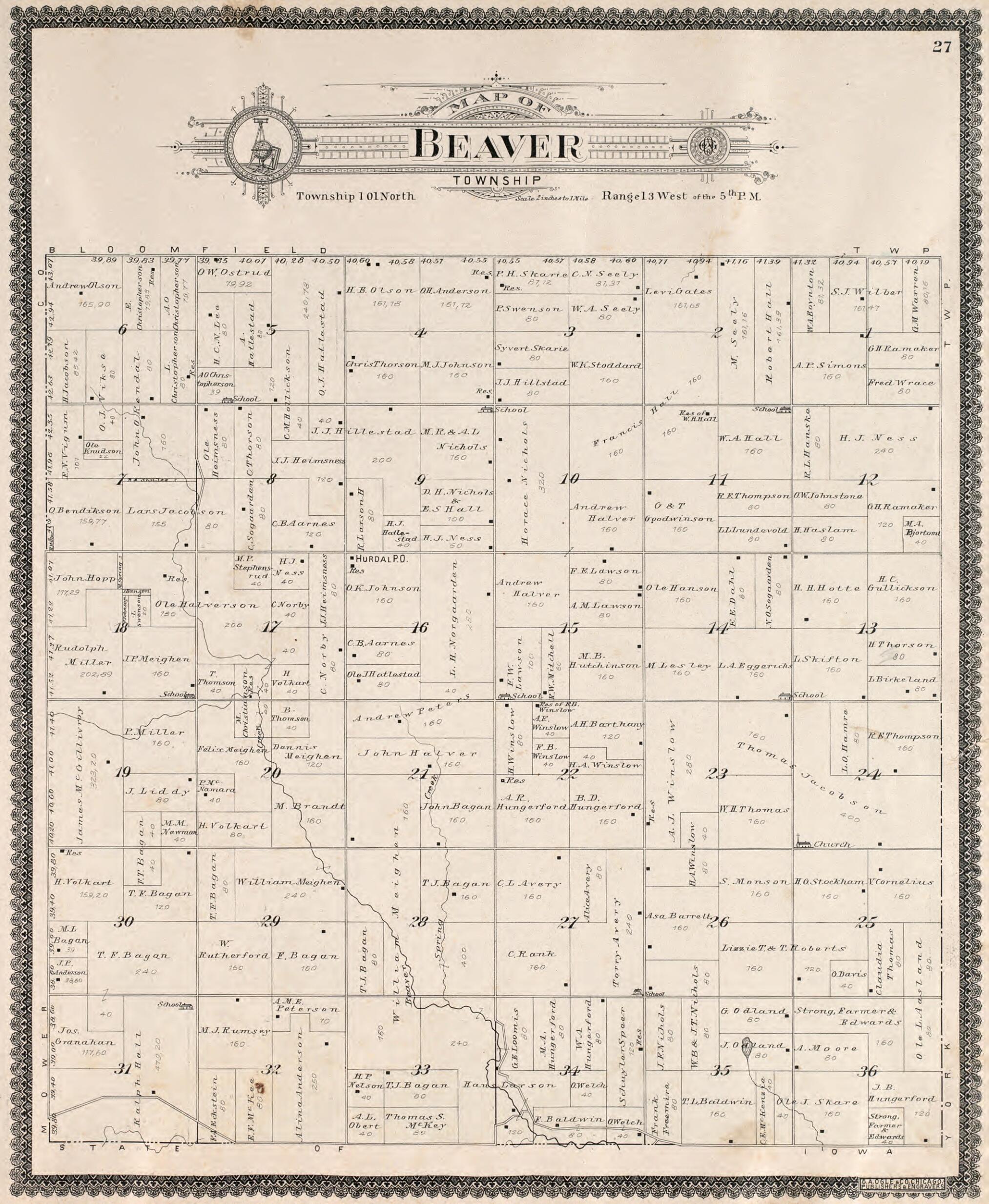This old map of Beaver Township from Standard Atlas of Fillmore County, Minnesota from 1896 was created by Geo. A. Ogle & Co in 1896