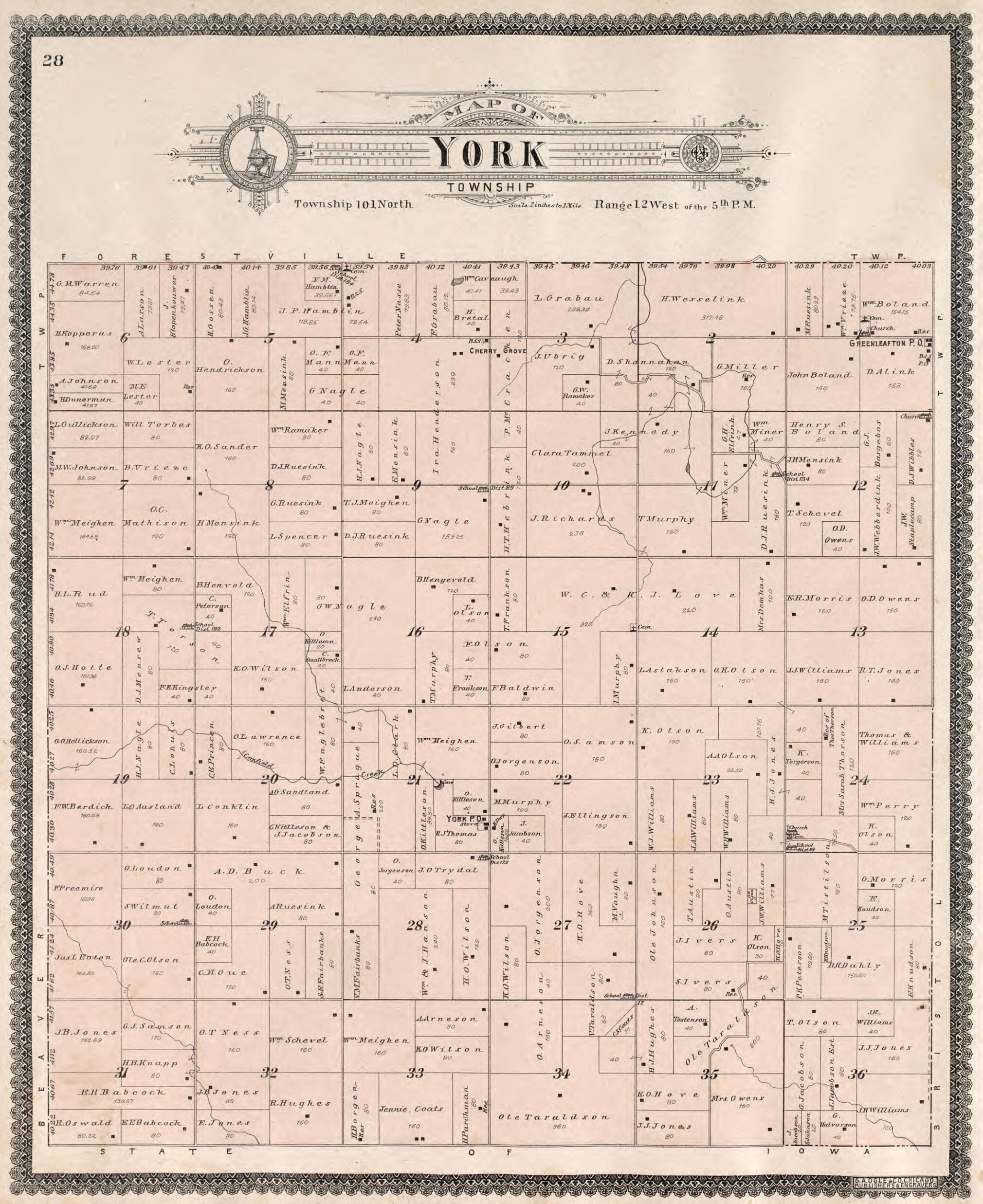 This old map of York Township from Standard Atlas of Fillmore County, Minnesota from 1896 was created by Geo. A. Ogle & Co in 1896