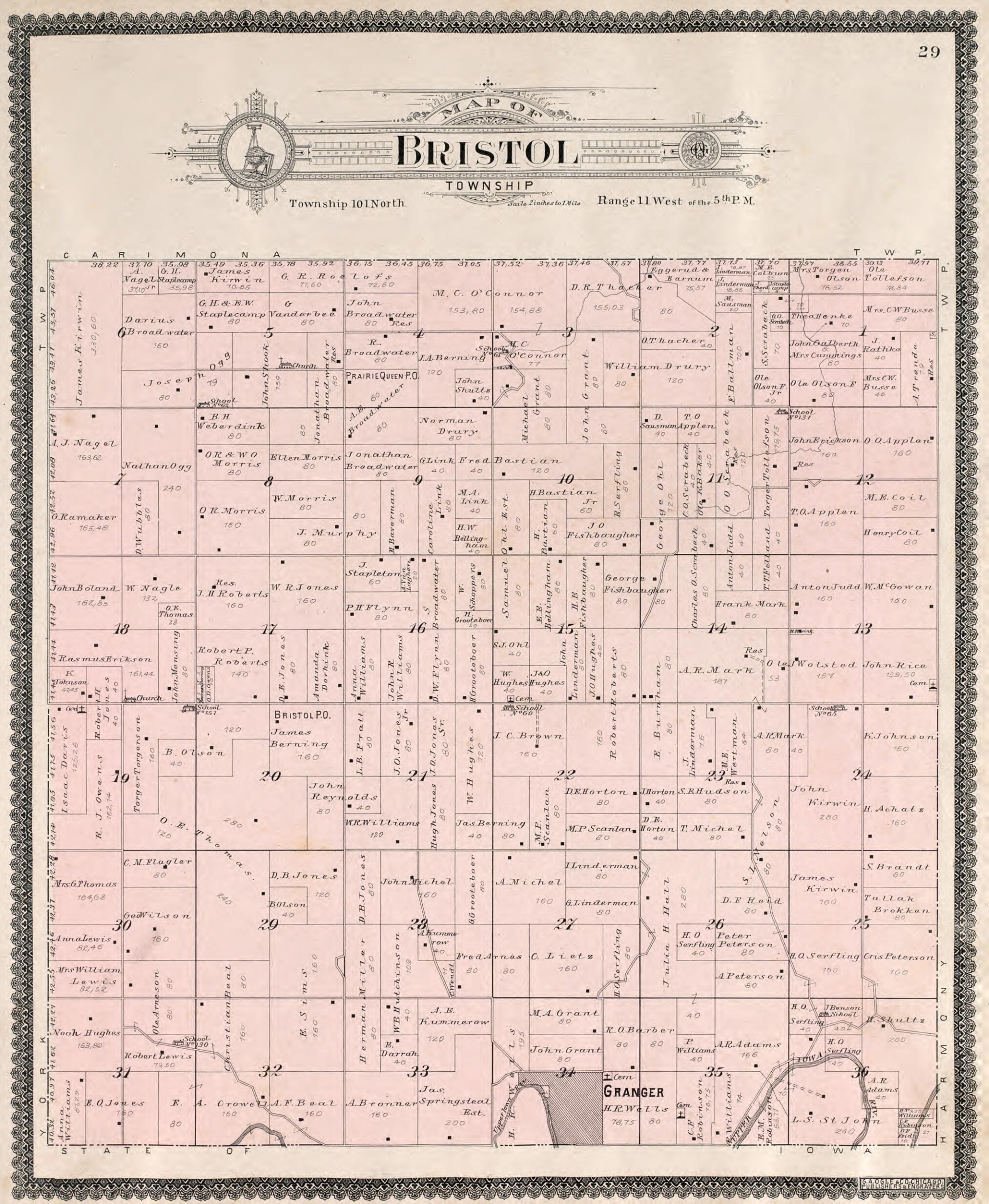 This old map of Bristol Township from Standard Atlas of Fillmore County, Minnesota from 1896 was created by Geo. A. Ogle & Co in 1896