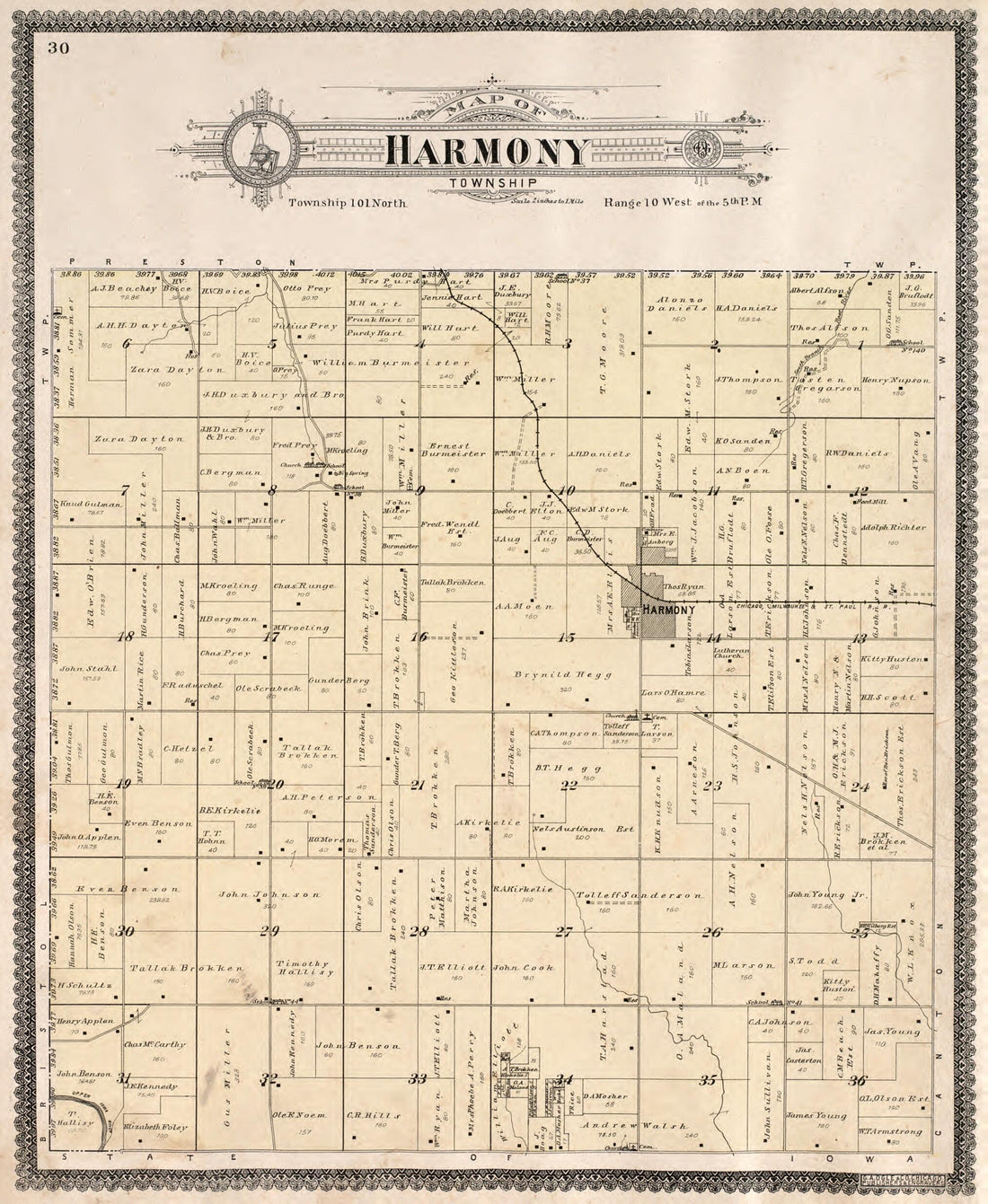 This old map of Harmony Township from Standard Atlas of Fillmore County, Minnesota from 1896 was created by Geo. A. Ogle & Co in 1896