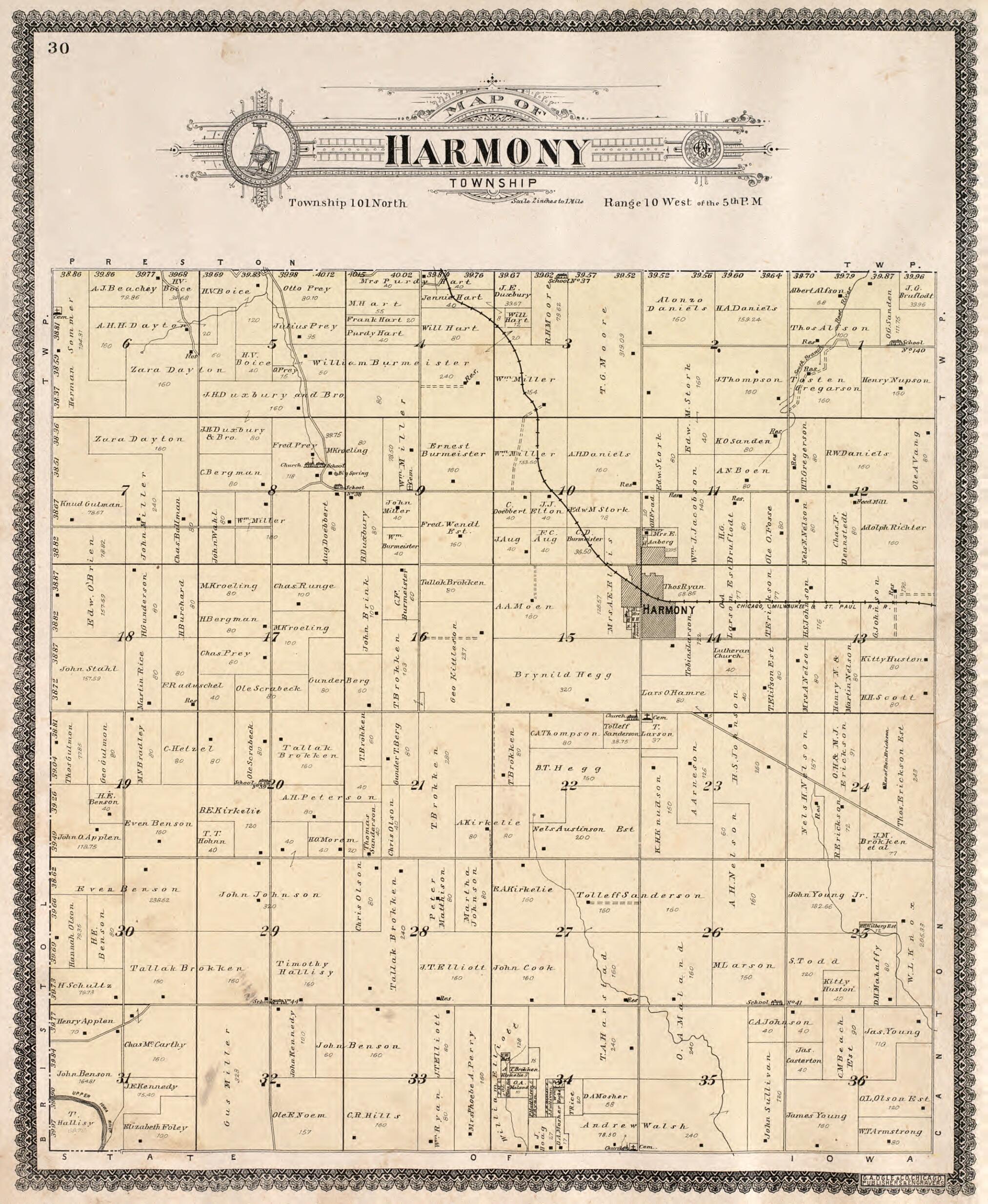 This old map of Harmony Township from Standard Atlas of Fillmore County, Minnesota from 1896 was created by Geo. A. Ogle & Co in 1896
