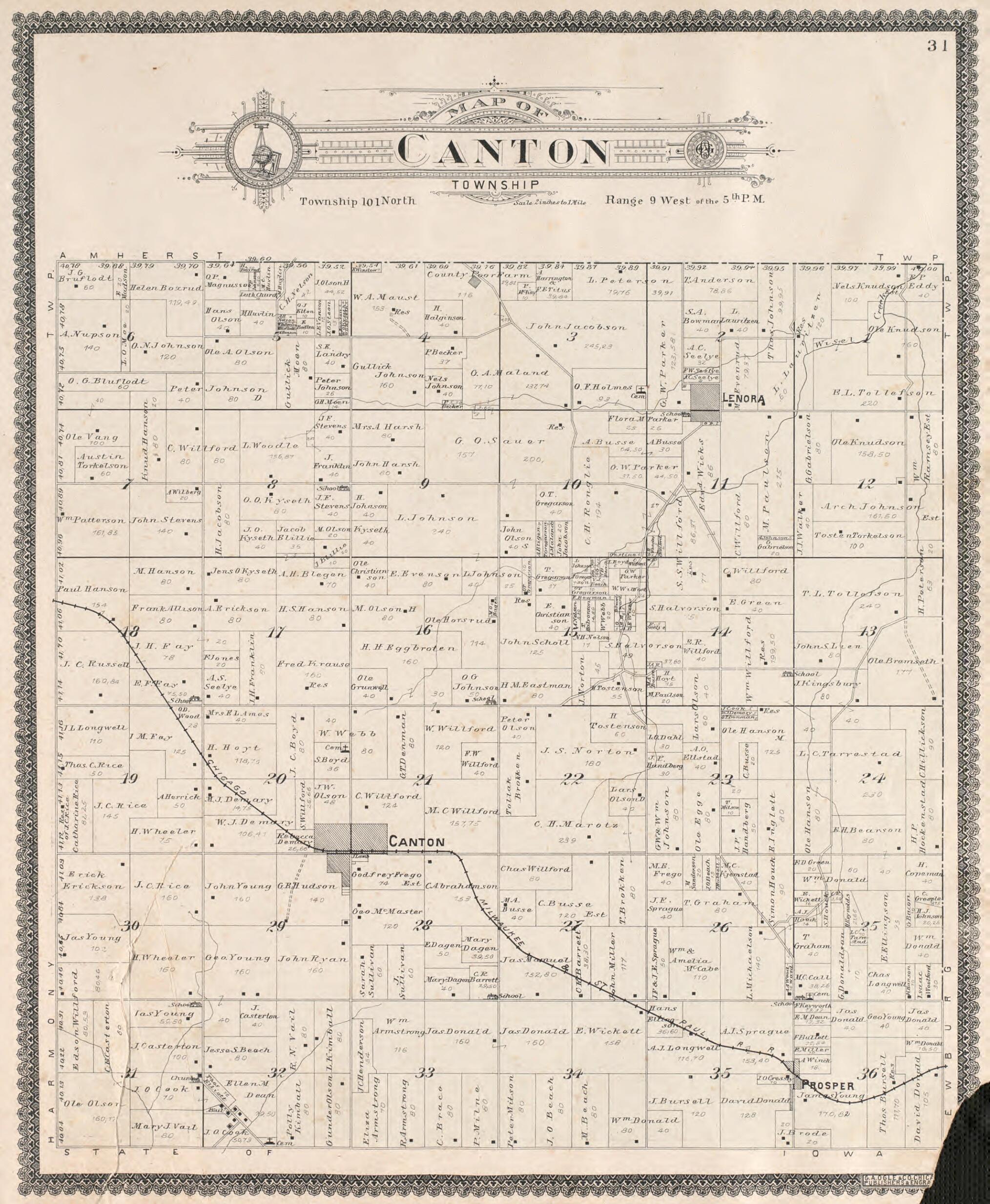 This old map of Canton Township from Standard Atlas of Fillmore County, Minnesota from 1896 was created by Geo. A. Ogle & Co in 1896