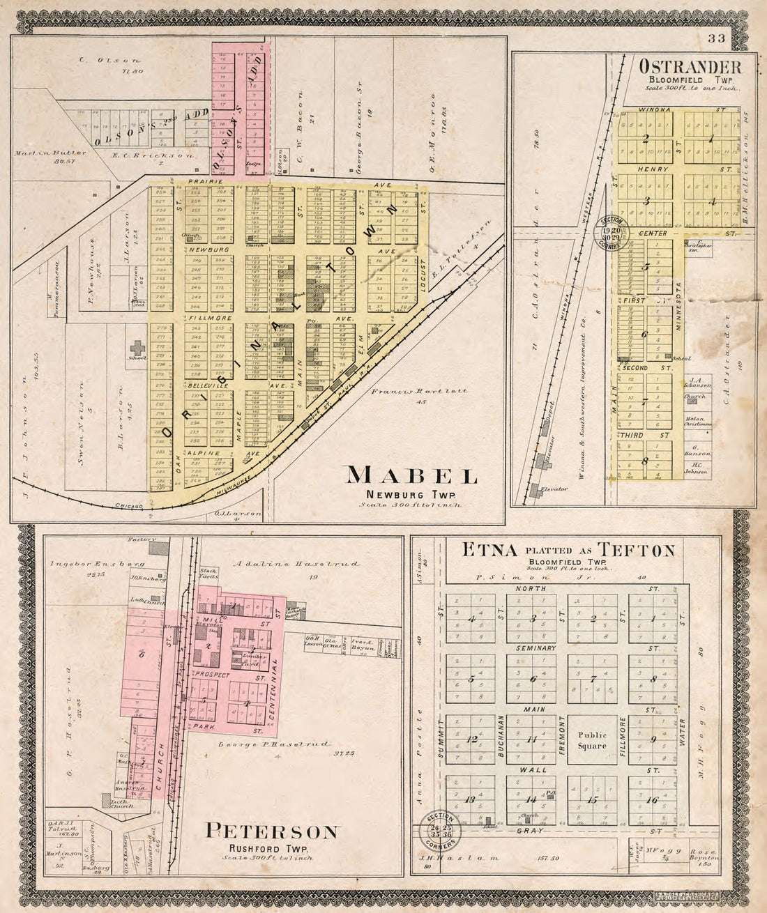 This old map of Mabel, Peterson, Ostrander, & Etna (Tefton) from Standard Atlas of Fillmore County, Minnesota from 1896 was created by Geo. A. Ogle & Co in 1896