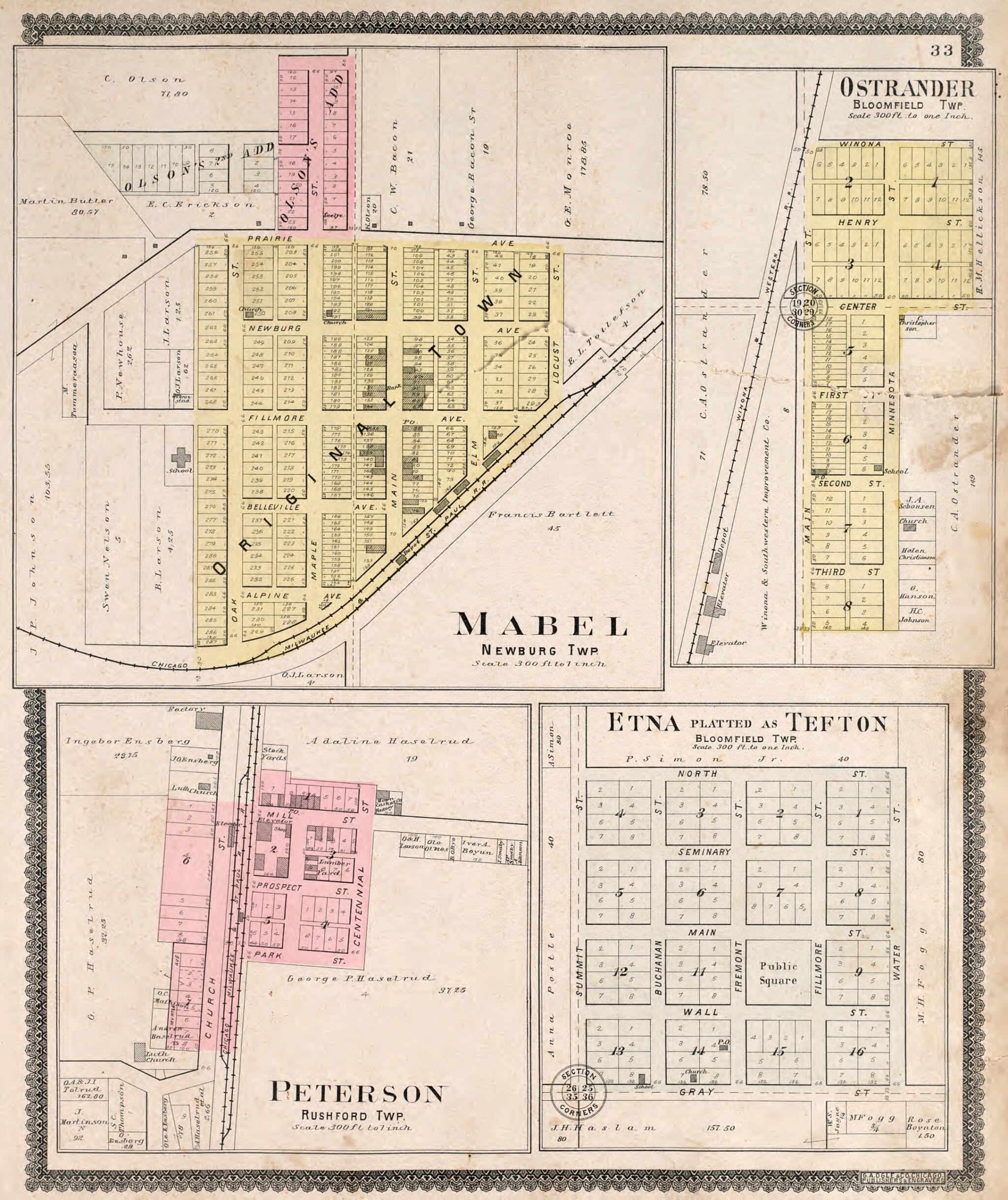 This old map of Mabel, Peterson, Ostrander, & Etna (Tefton) from Standard Atlas of Fillmore County, Minnesota from 1896 was created by Geo. A. Ogle & Co in 1896