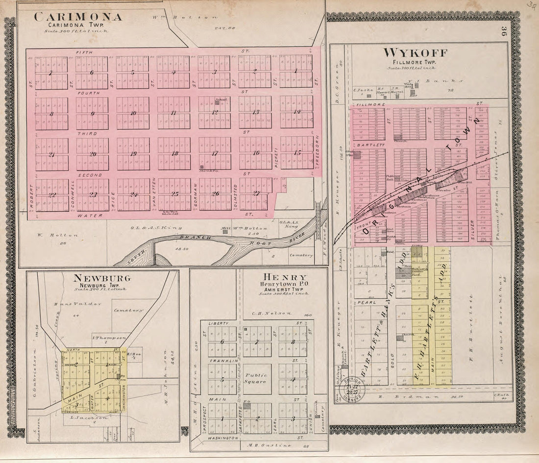 This old map of Carimona, Newburg, Henry, & Wykoff from Standard Atlas of Fillmore County, Minnesota from 1896 was created by Geo. A. Ogle & Co in 1896