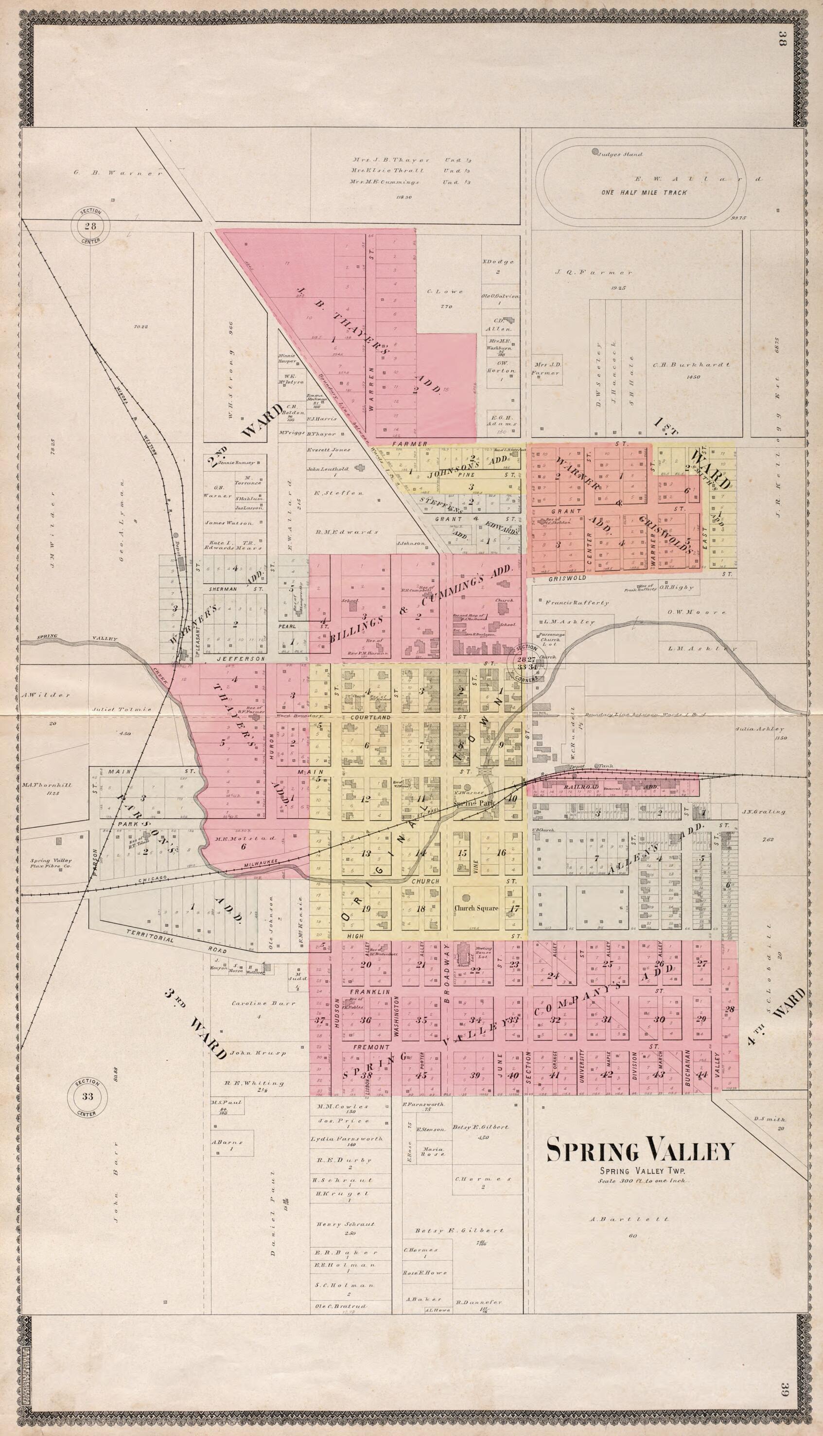 This old map of Spring Valley Township from Standard Atlas of Fillmore County, Minnesota from 1896 was created by Geo. A. Ogle & Co in 1896