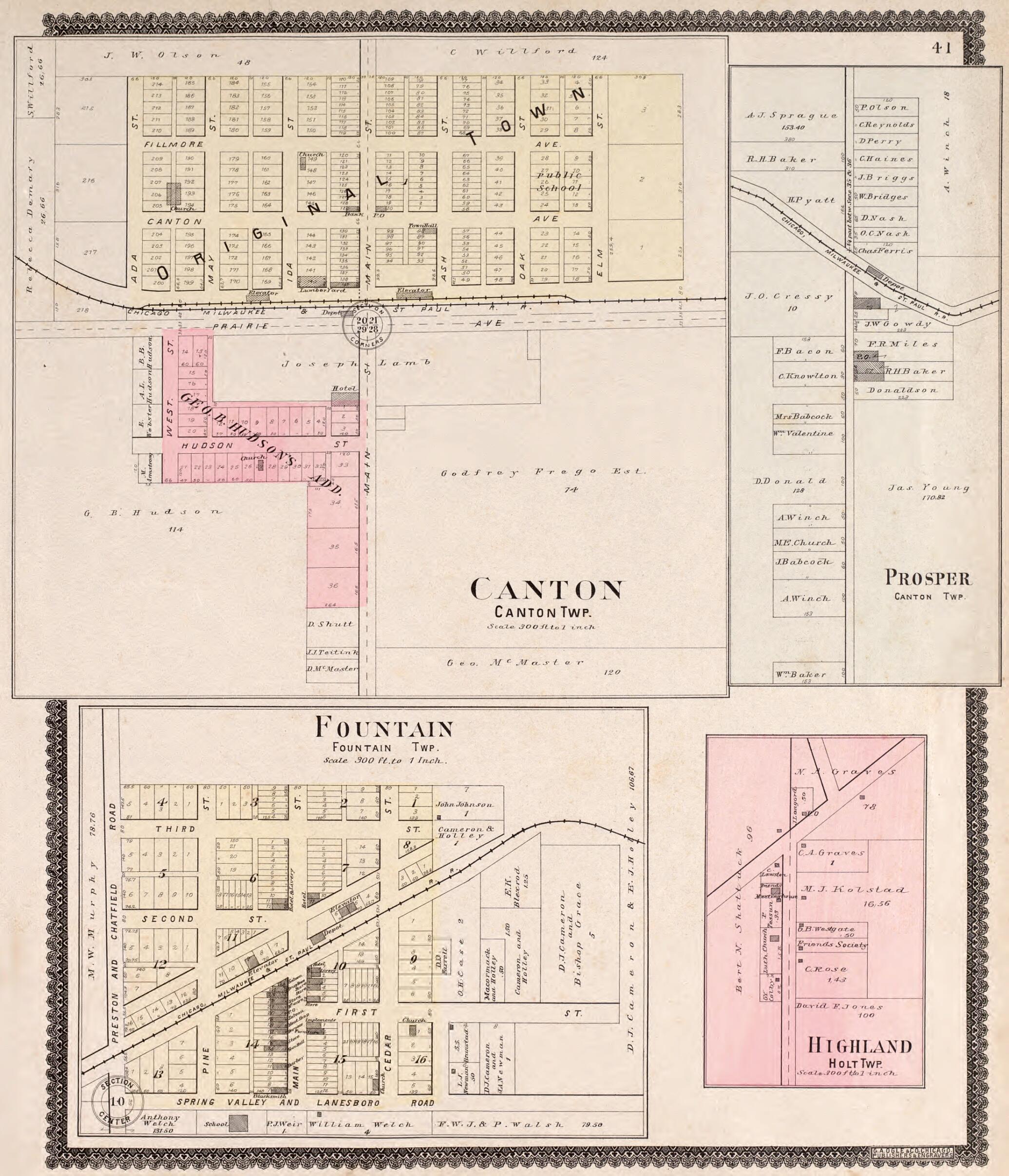 This old map of Canton, Fountain, & Prosper from Standard Atlas of Fillmore County, Minnesota from 1896 was created by Geo. A. Ogle & Co in 1896