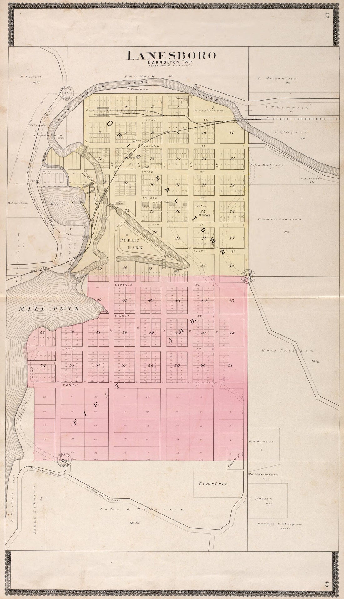 This old map of Lanesboro (Carrolton Township) from Standard Atlas of Fillmore County, Minnesota from 1896 was created by Geo. A. Ogle & Co in 1896