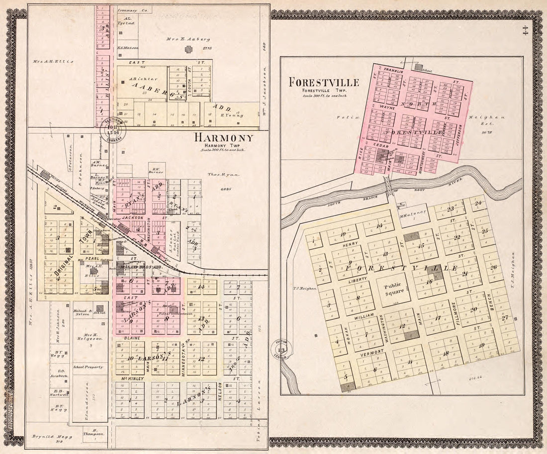 This old map of Harmony & Forestville Towsnhips from Standard Atlas of Fillmore County, Minnesota from 1896 was created by Geo. A. Ogle & Co in 1896