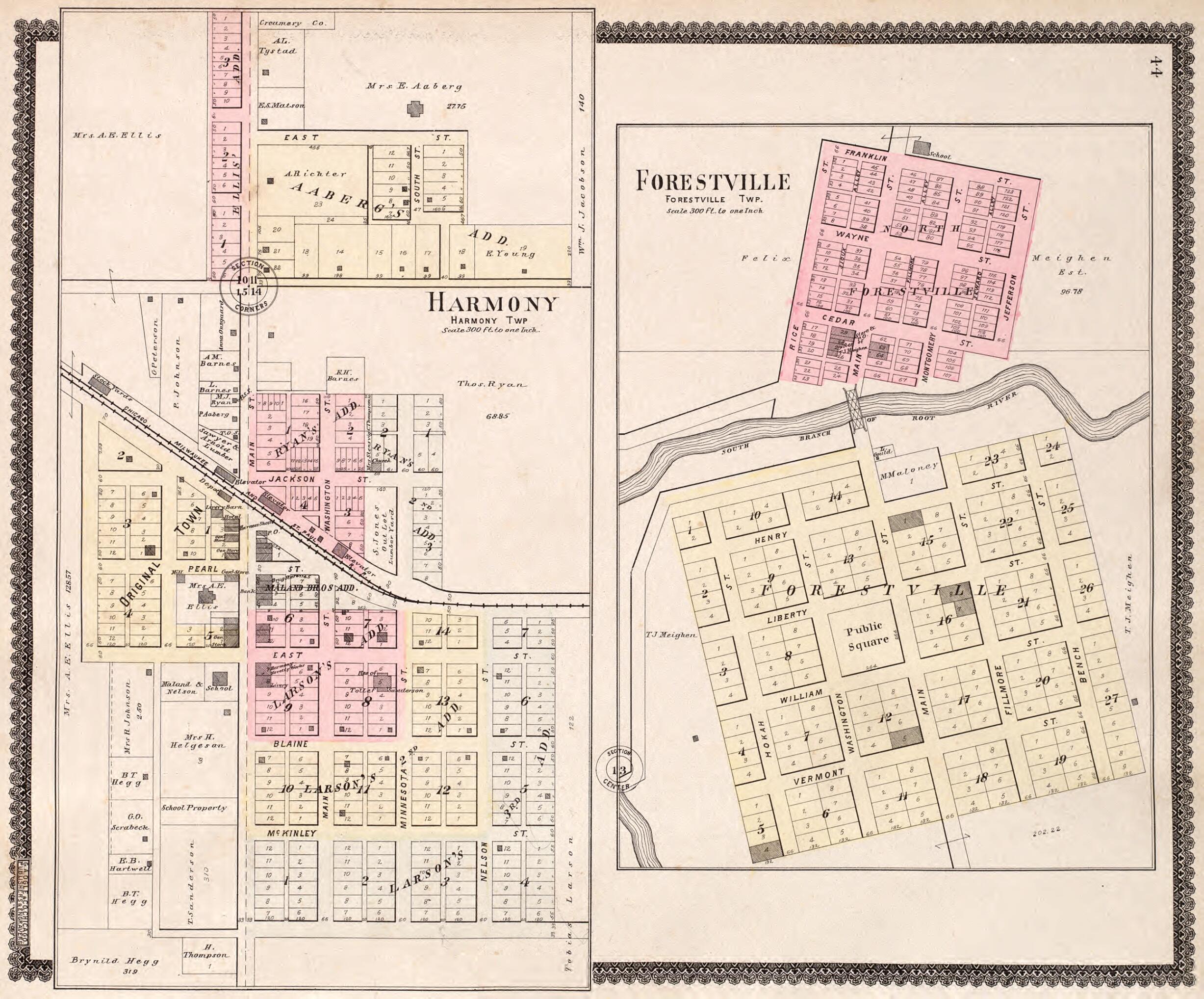 This old map of Harmony & Forestville Towsnhips from Standard Atlas of Fillmore County, Minnesota from 1896 was created by Geo. A. Ogle & Co in 1896