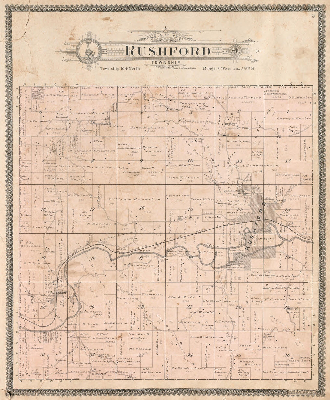 This old map of Rushford Township from Standard Atlas of Fillmore County, Minnesota from 1896 was created by Geo. A. Ogle & Co in 1896