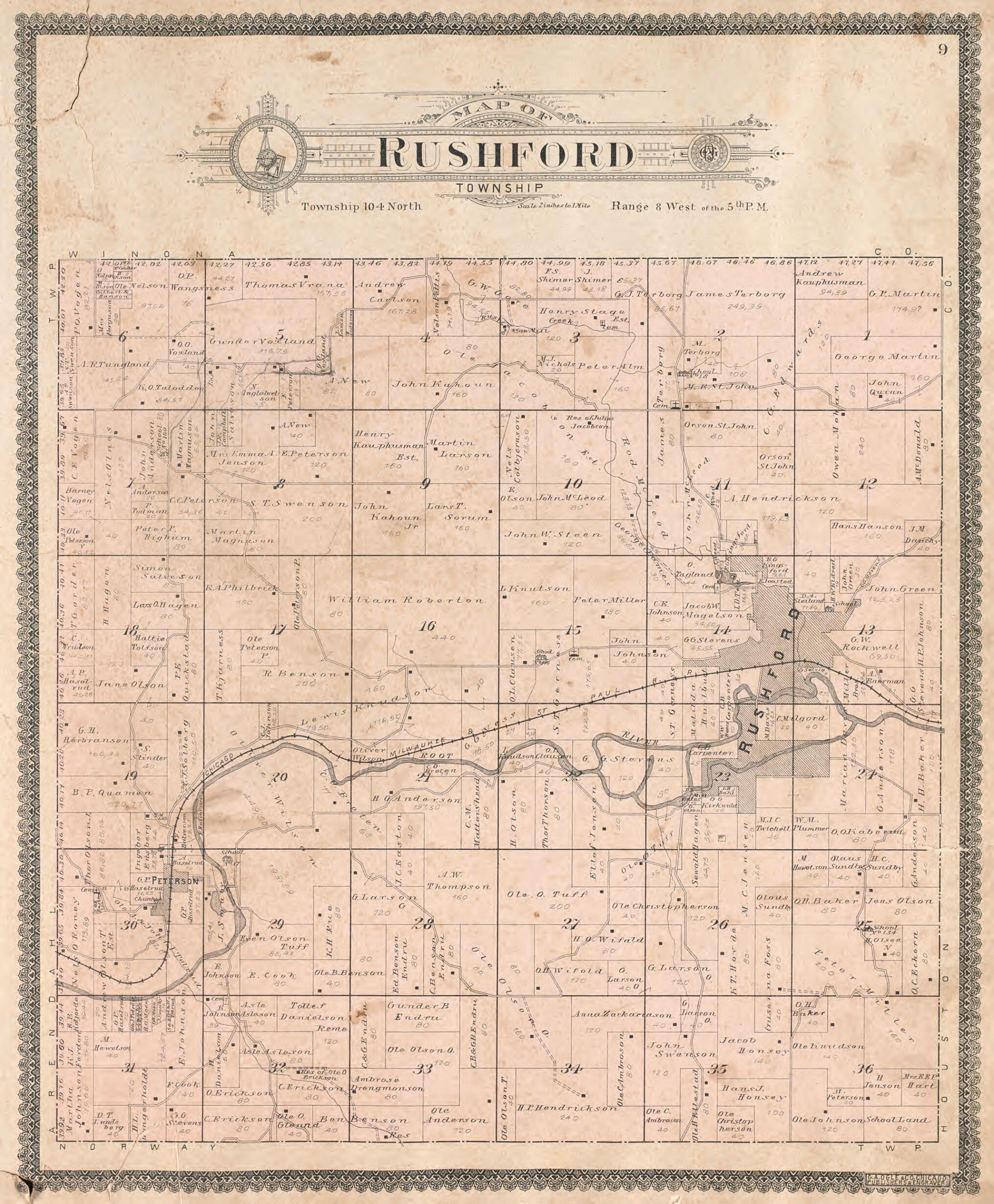 This old map of Rushford Township from Standard Atlas of Fillmore County, Minnesota from 1896 was created by Geo. A. Ogle & Co in 1896