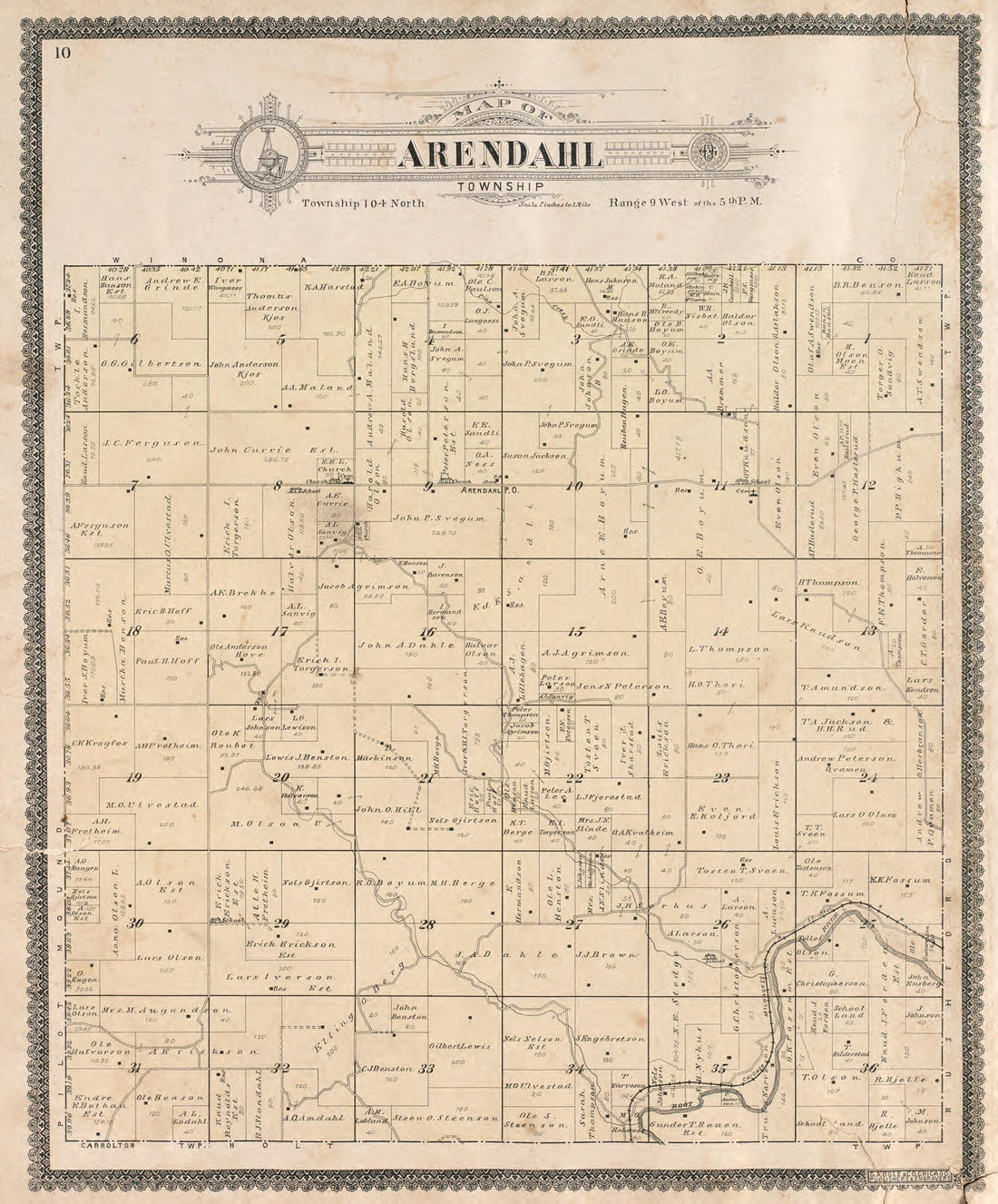 This old map of Arendahl Township from Standard Atlas of Fillmore County, Minnesota from 1896 was created by Geo. A. Ogle & Co in 1896