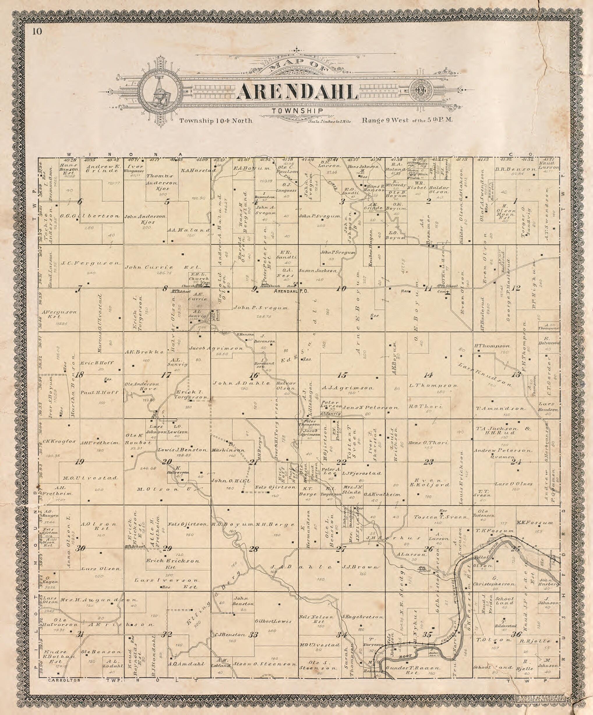 This old map of Arendahl Township from Standard Atlas of Fillmore County, Minnesota from 1896 was created by Geo. A. Ogle & Co in 1896