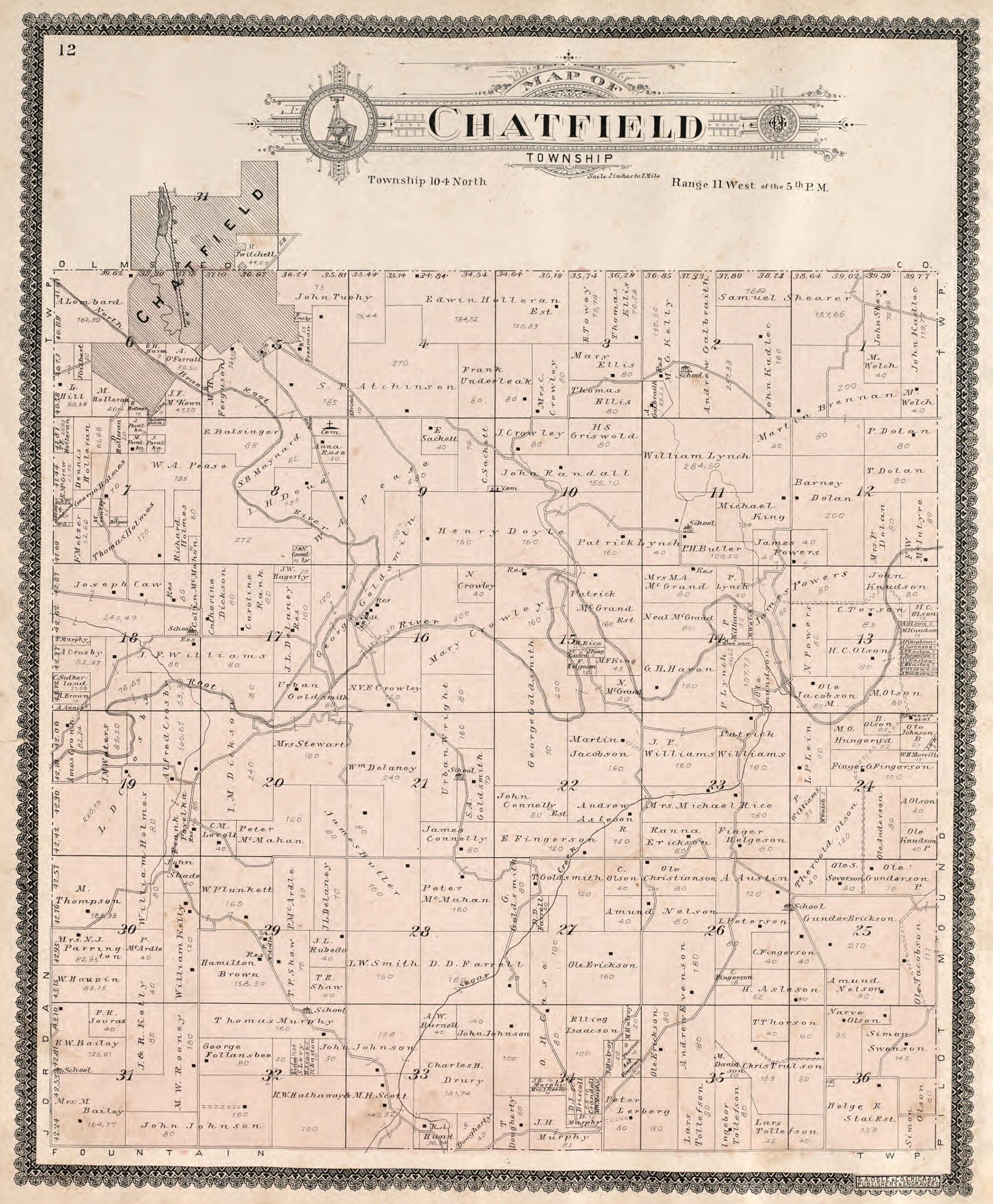 This old map of Chatfield Township from Standard Atlas of Fillmore County, Minnesota from 1896 was created by Geo. A. Ogle & Co in 1896