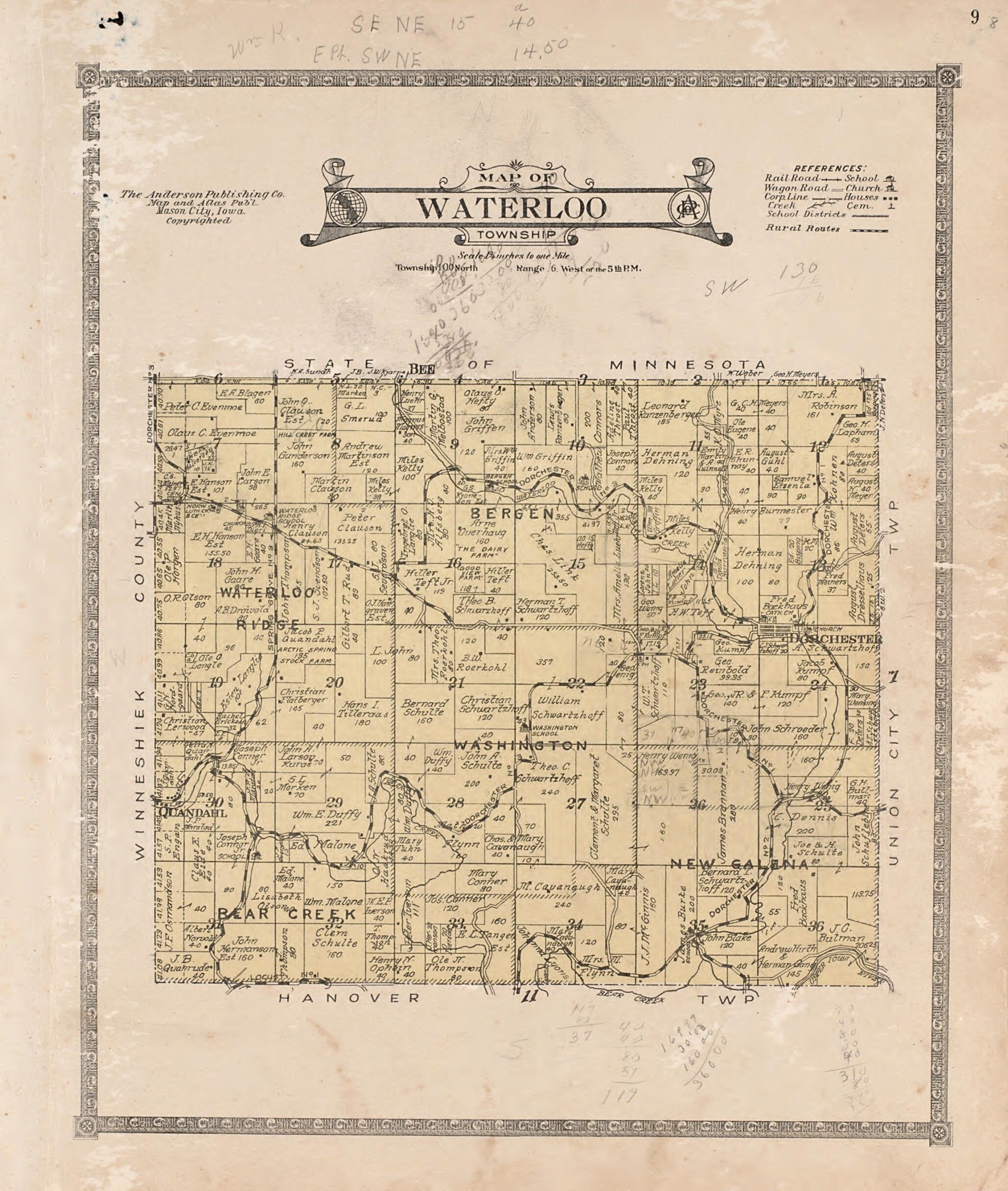 This old map of Waterloo Township from Atlas of Allamakee County, Iowa from 1917 was created by Anderson Publishing Company in 1917