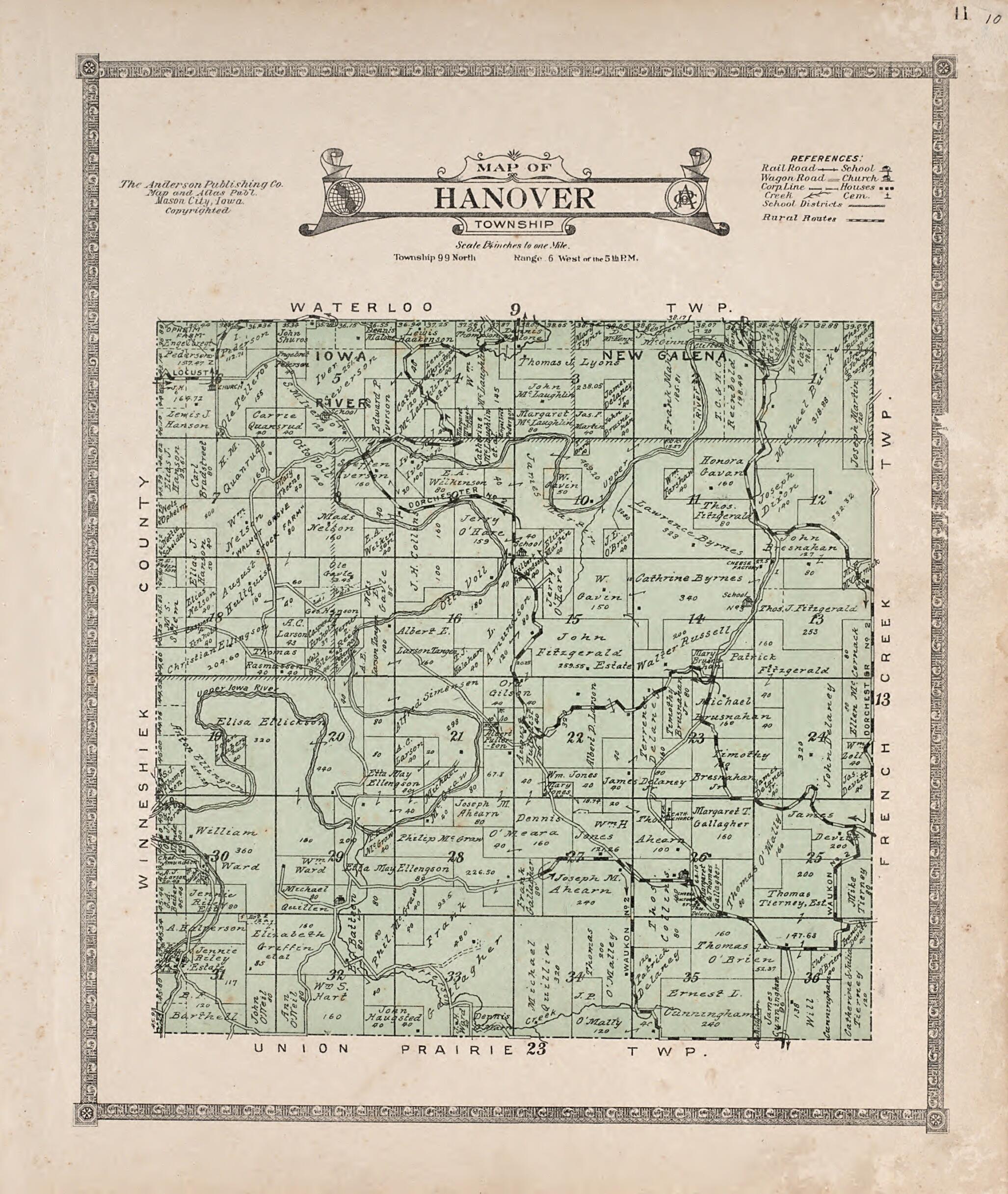 This old map of Hanover Township from Atlas of Allamakee County, Iowa from 1917 was created by Anderson Publishing Company in 1917