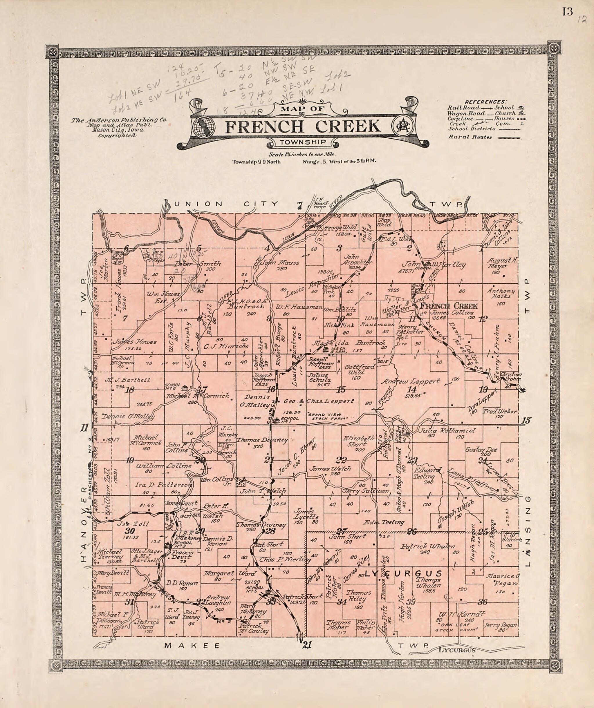This old map of French Creek Township from Atlas of Allamakee County, Iowa from 1917 was created by Anderson Publishing Company in 1917
