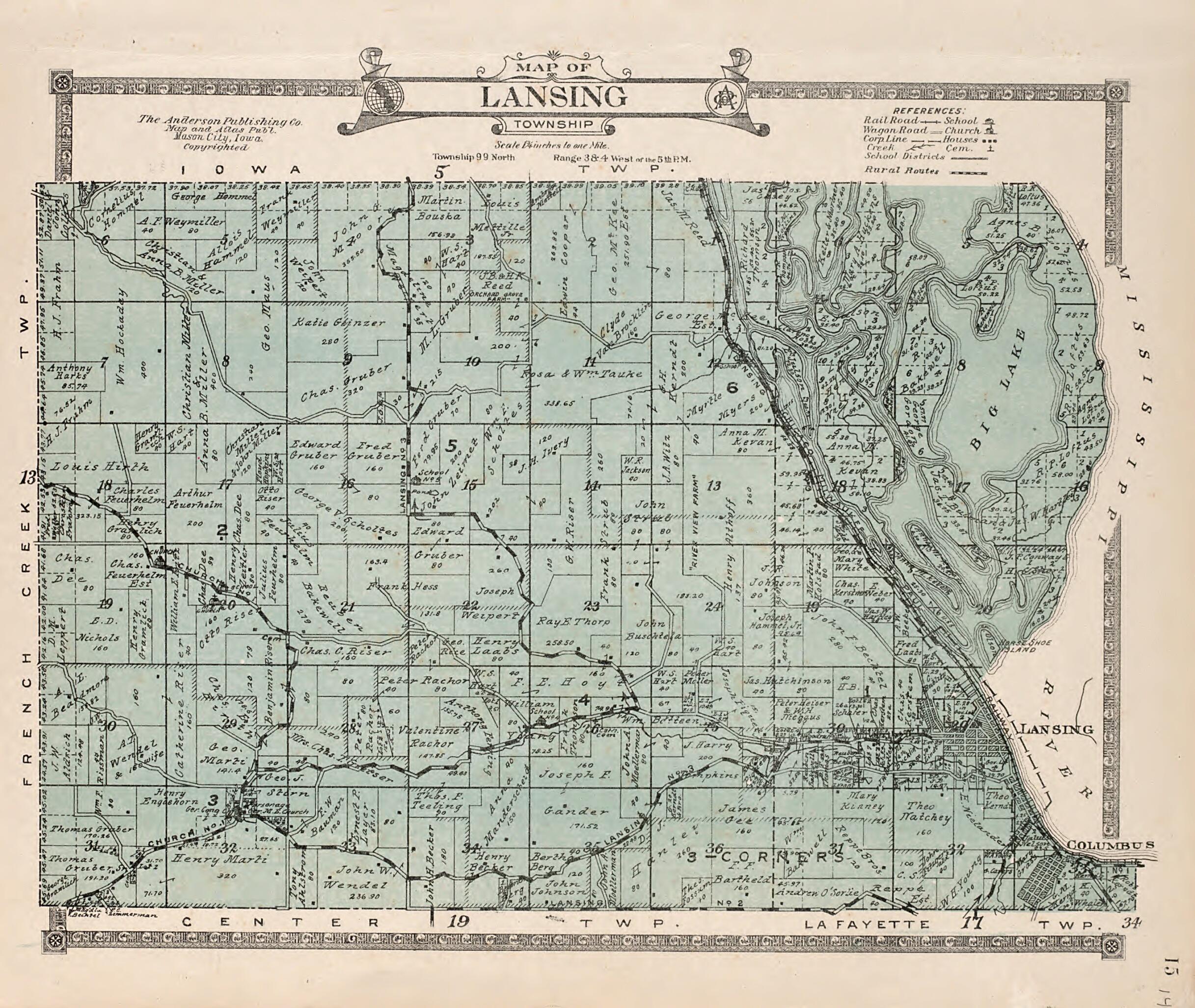 This old map of Lansing Township from Atlas of Allamakee County, Iowa from 1917 was created by Anderson Publishing Company in 1917