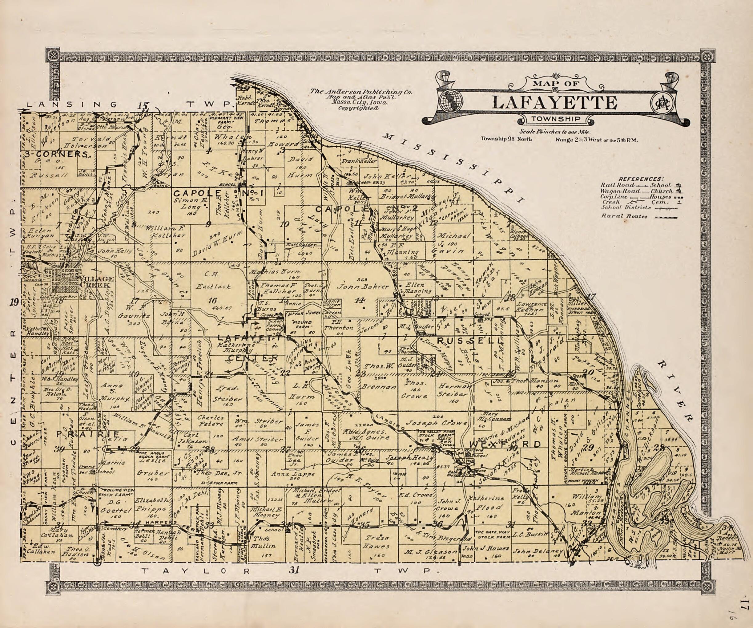 This old map of Lafayette Township from Atlas of Allamakee County, Iowa from 1917 was created by Anderson Publishing Company in 1917