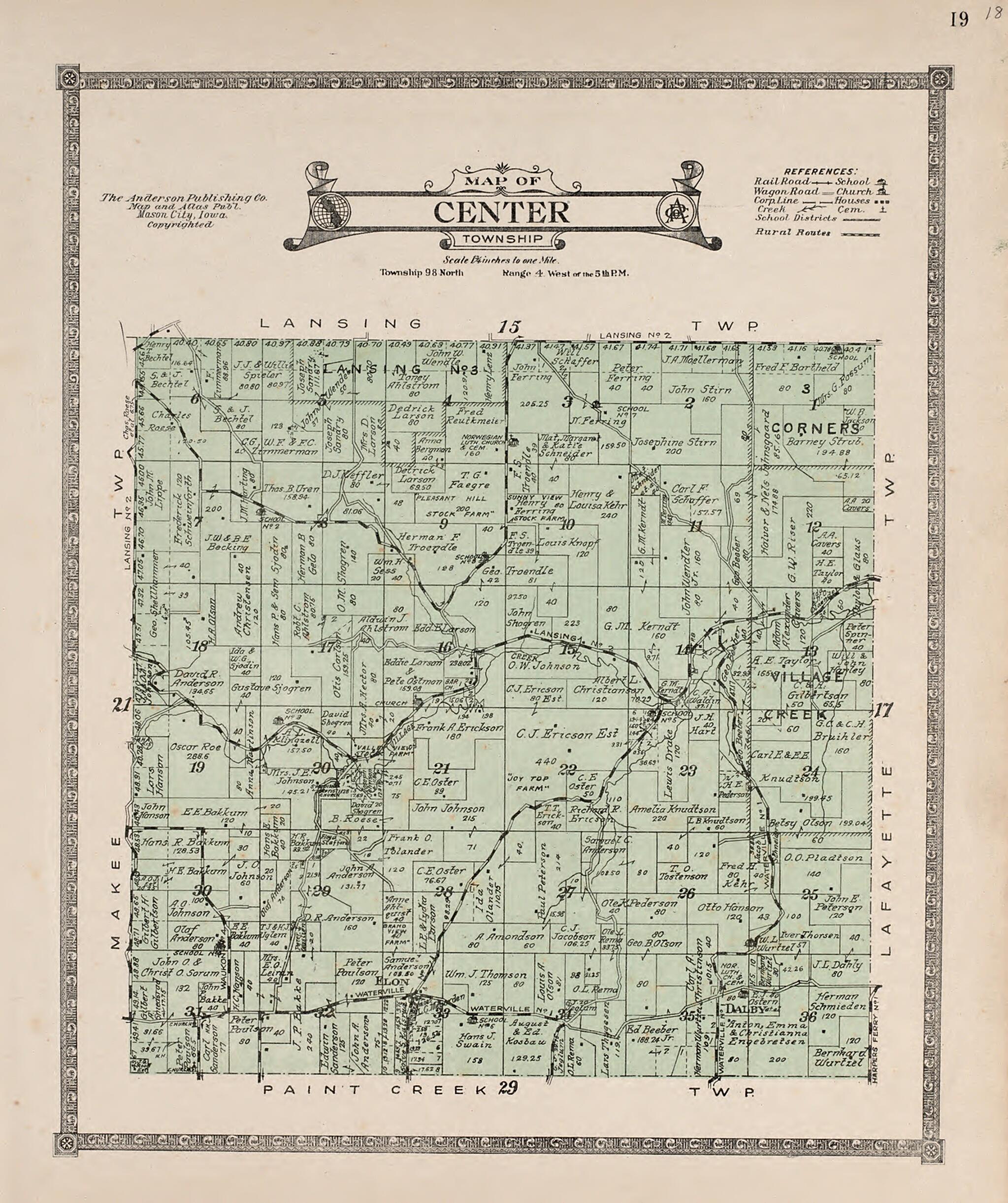 This old map of Center Township from Atlas of Allamakee County, Iowa from 1917 was created by Anderson Publishing Company in 1917
