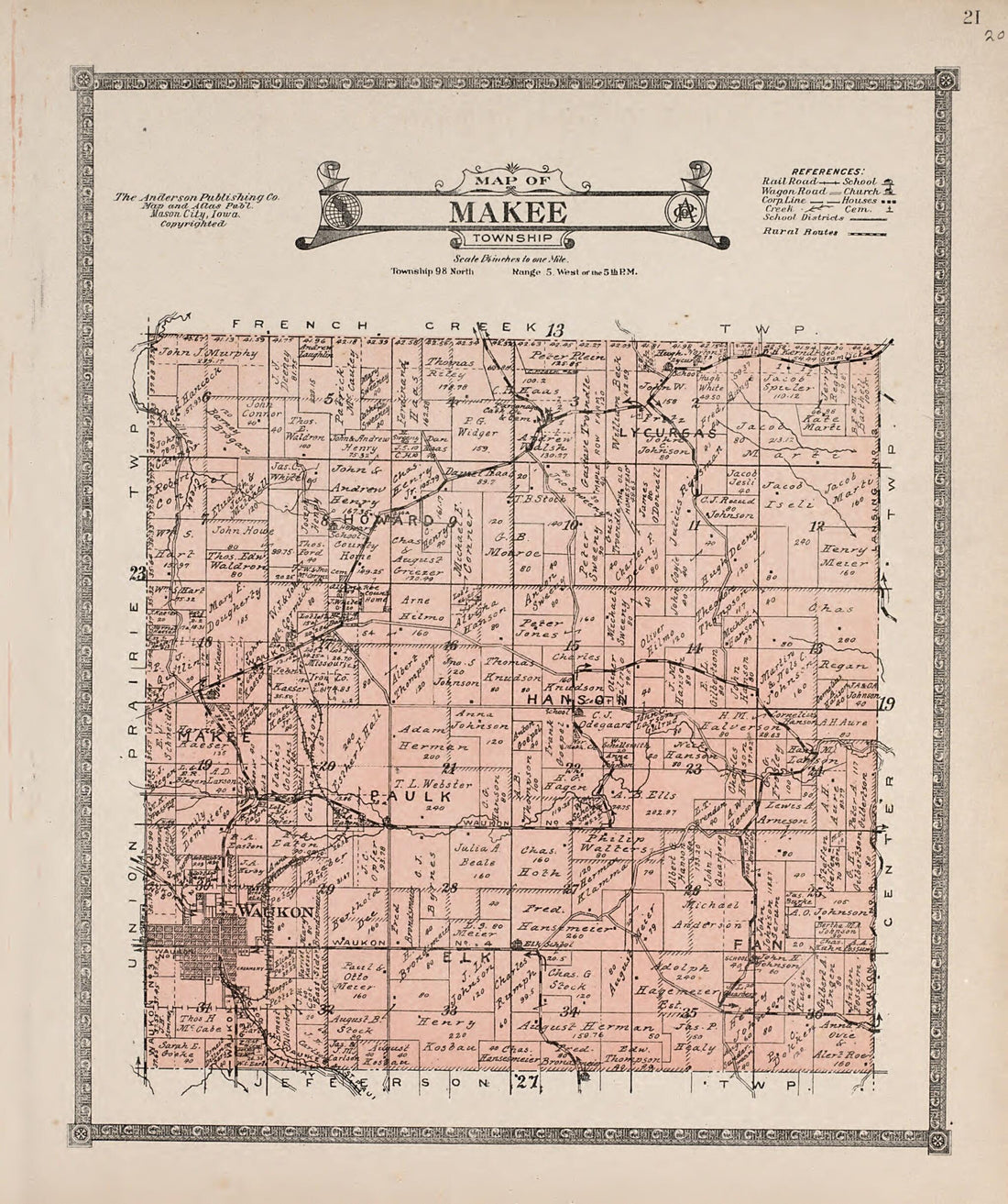This old map of Makee Township from Atlas of Allamakee County, Iowa from 1917 was created by Anderson Publishing Company in 1917