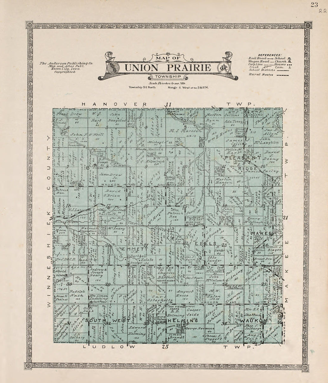 This old map of Union Prairie Township from Atlas of Allamakee County, Iowa from 1917 was created by Anderson Publishing Company in 1917