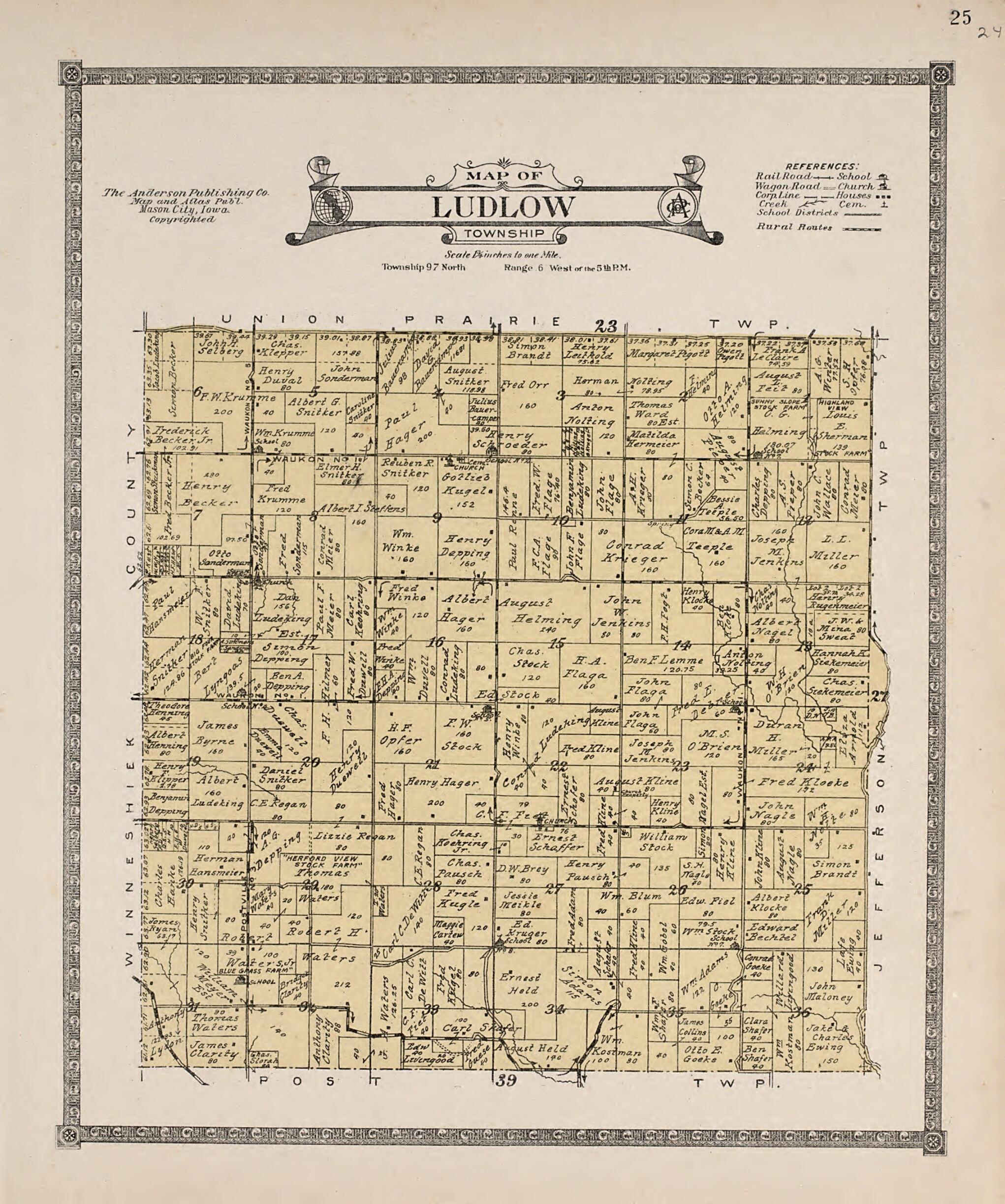 This old map of Ludlow Township from Atlas of Allamakee County, Iowa from 1917 was created by Anderson Publishing Company in 1917