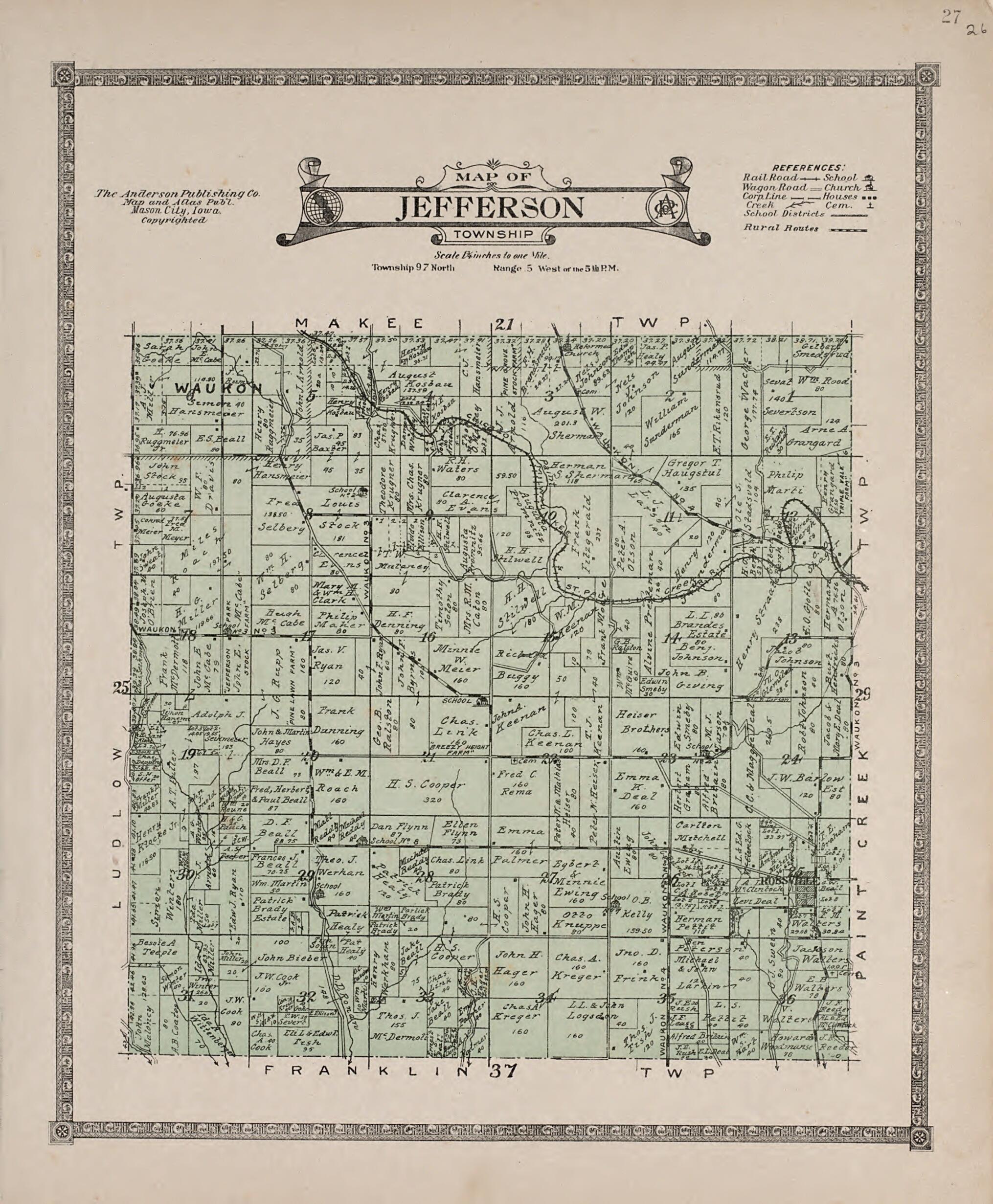 This old map of Jefferson Township from Atlas of Allamakee County, Iowa from 1917 was created by Anderson Publishing Company in 1917