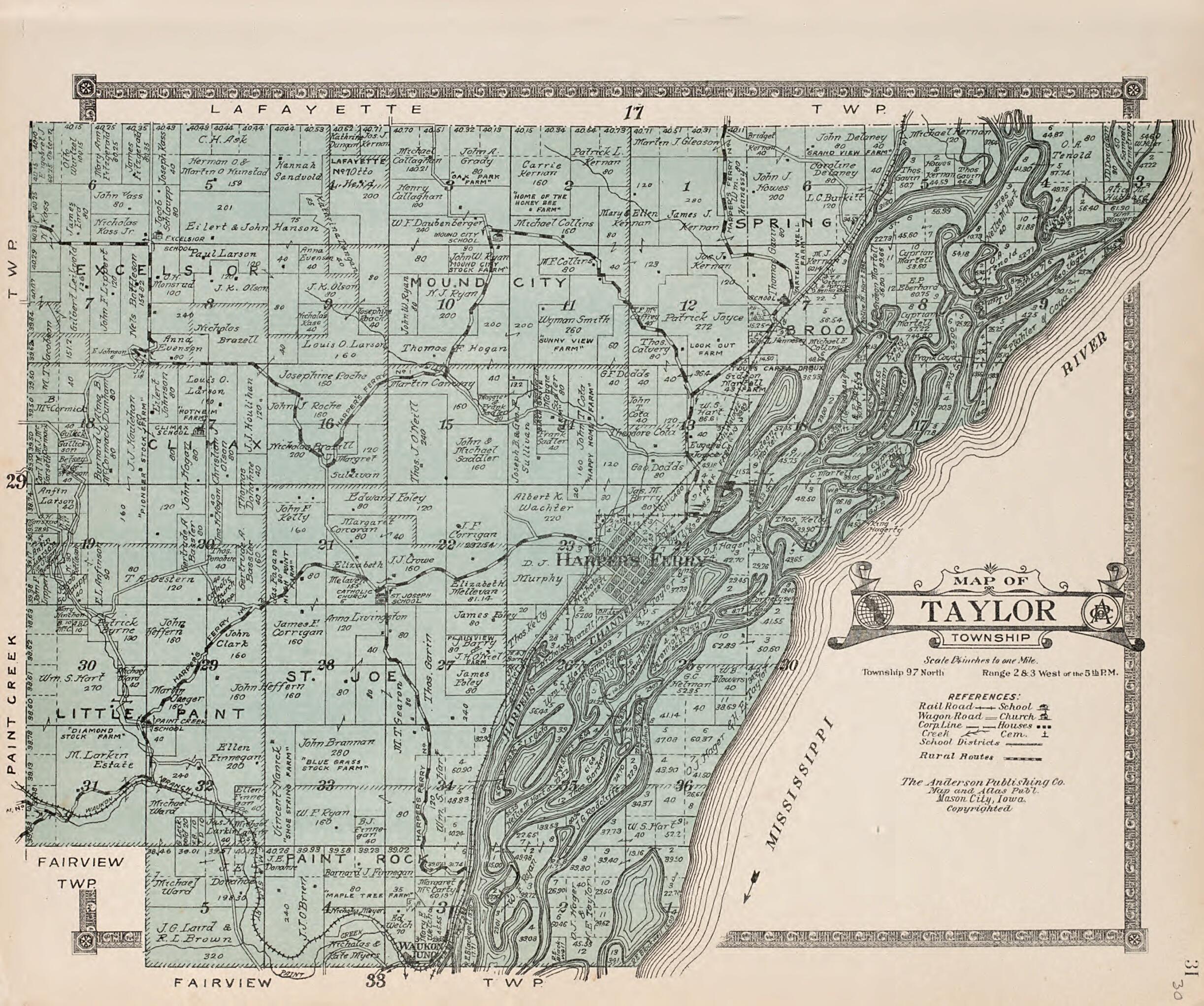 This old map of Taylor Township from Atlas of Allamakee County, Iowa from 1917 was created by Anderson Publishing Company in 1917