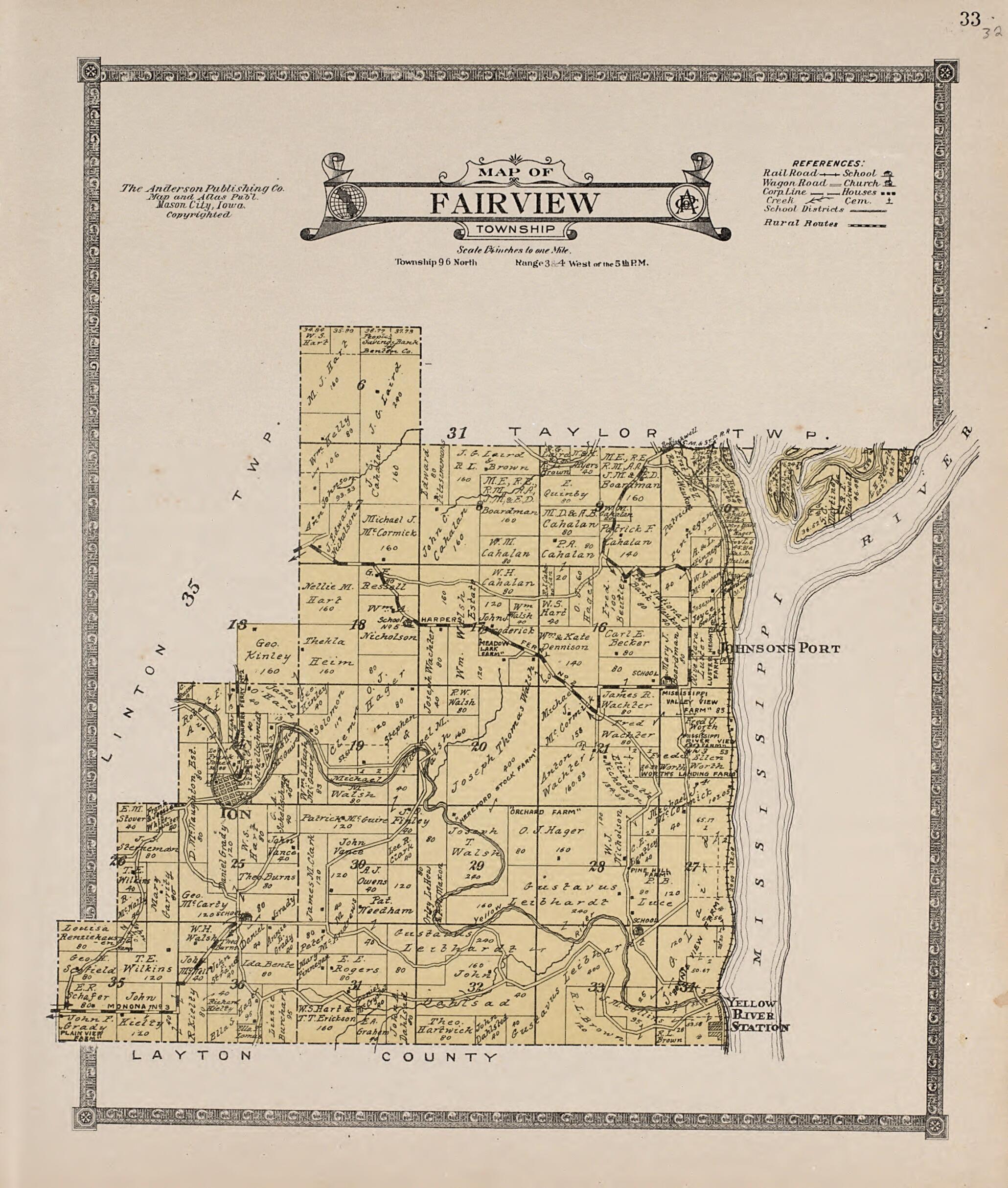 This old map of Fairview Township from Atlas of Allamakee County, Iowa from 1917 was created by Anderson Publishing Company in 1917