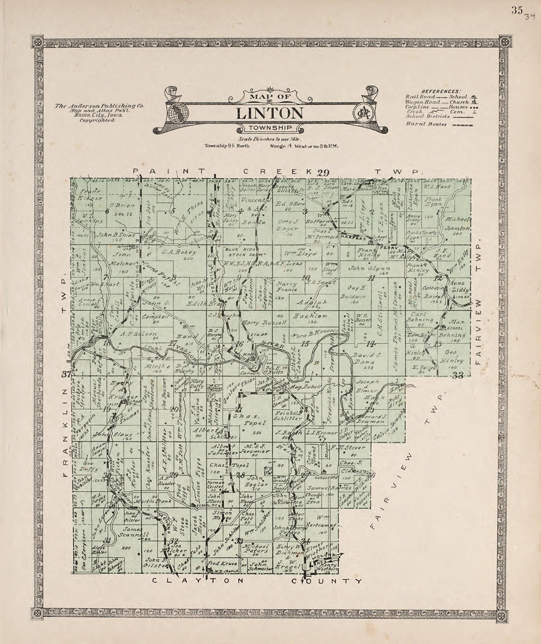 This old map of Linton Township from Atlas of Allamakee County, Iowa from 1917 was created by Anderson Publishing Company in 1917