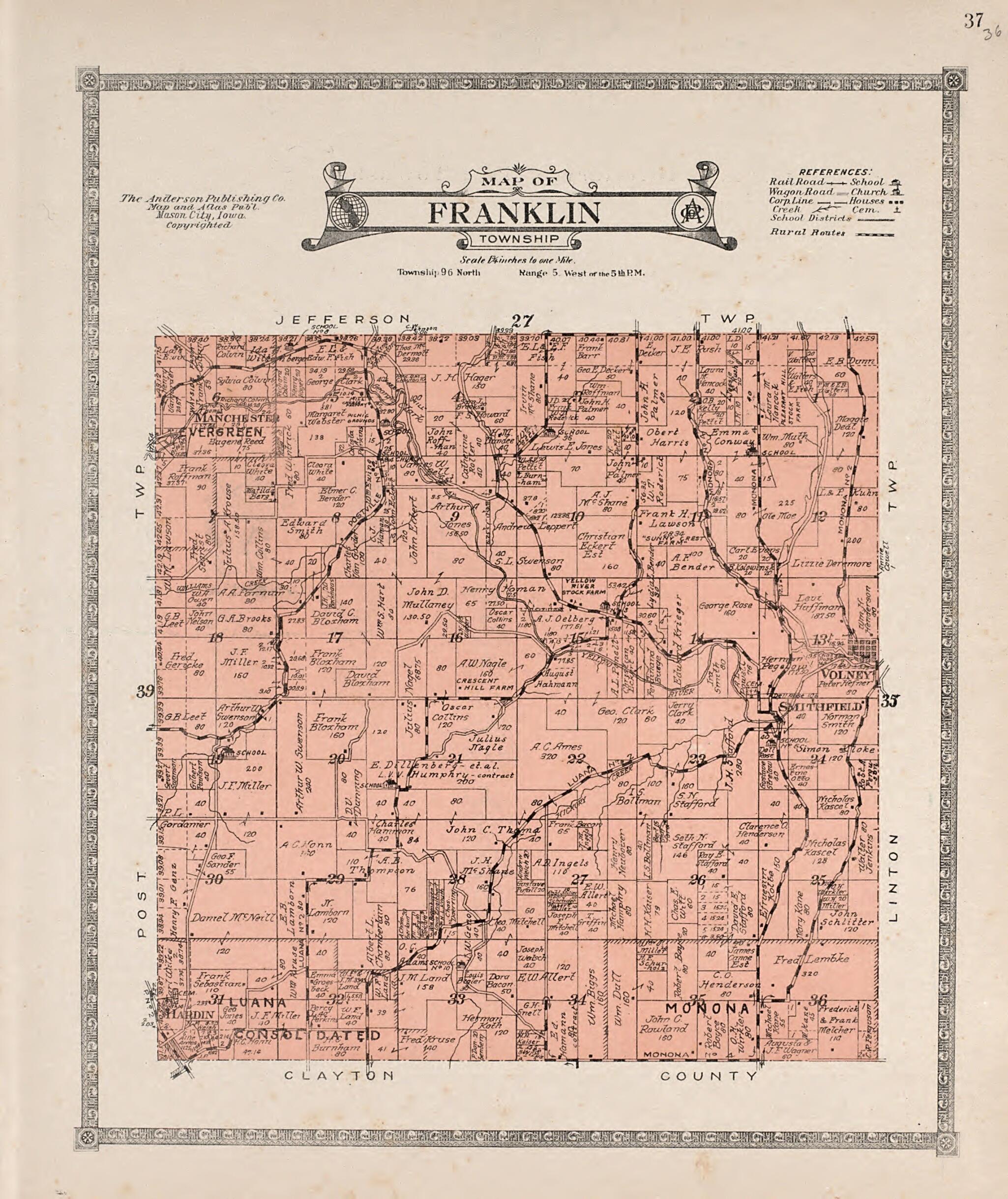 This old map of Franklin Township from Atlas of Allamakee County, Iowa from 1917 was created by Anderson Publishing Company in 1917