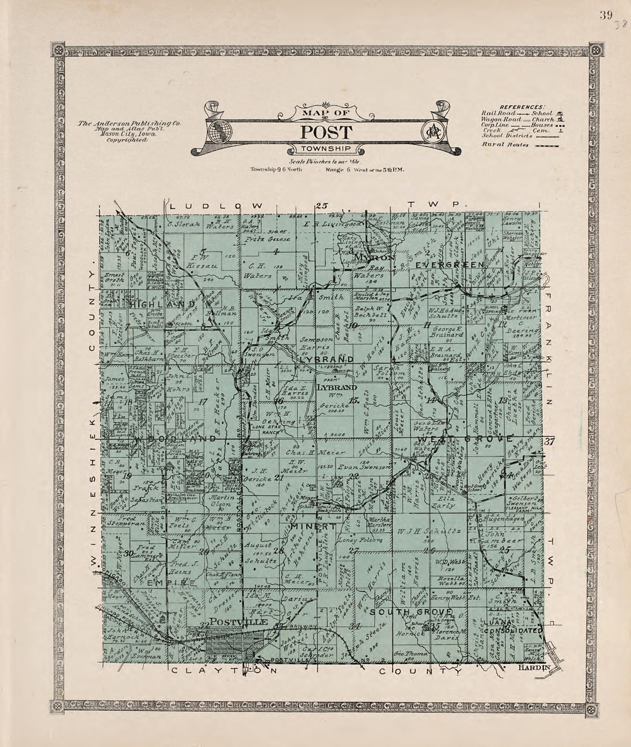 This old map of Post Township from Atlas of Allamakee County, Iowa from 1917 was created by Anderson Publishing Company in 1917