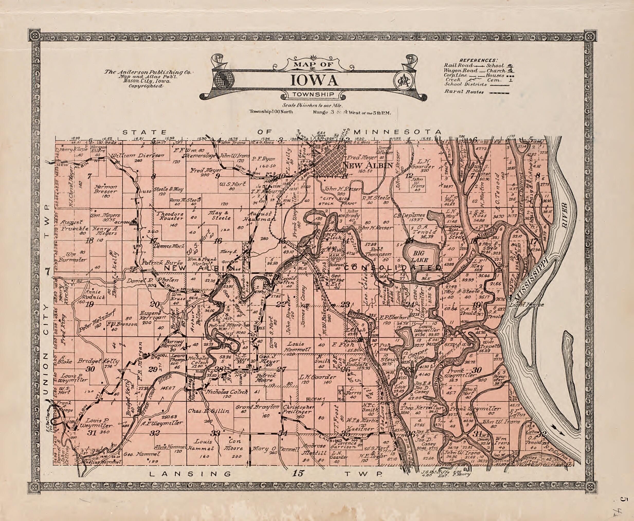 This old map of Iowa Township from Atlas of Allamakee County, Iowa from 1917 was created by Anderson Publishing Company in 1917