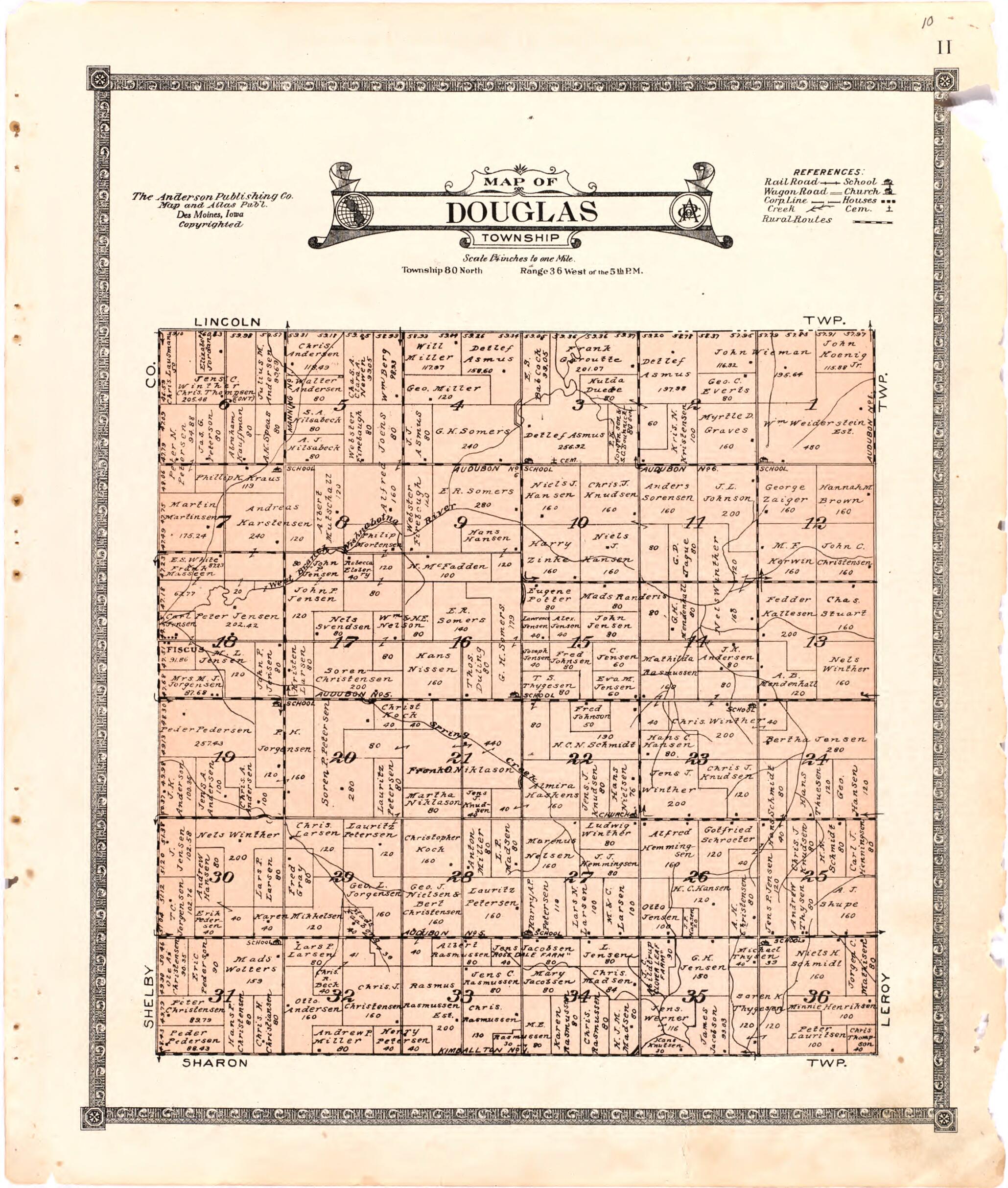 This old map of Map of Douglas Township from Atlas of Audubon County, Iowa from 1921 was created by Anderson Publishing Company in 1921