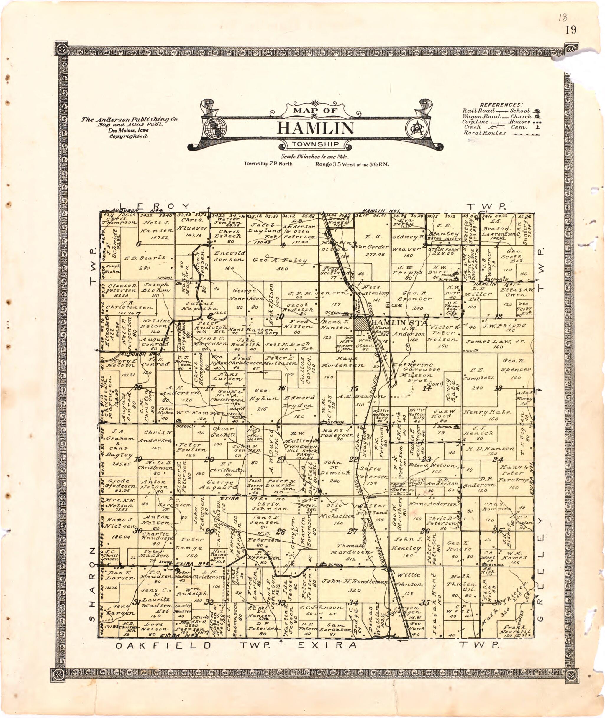 This old map of Map of Hamlin Township from Atlas of Audubon County, Iowa from 1921 was created by Anderson Publishing Company in 1921