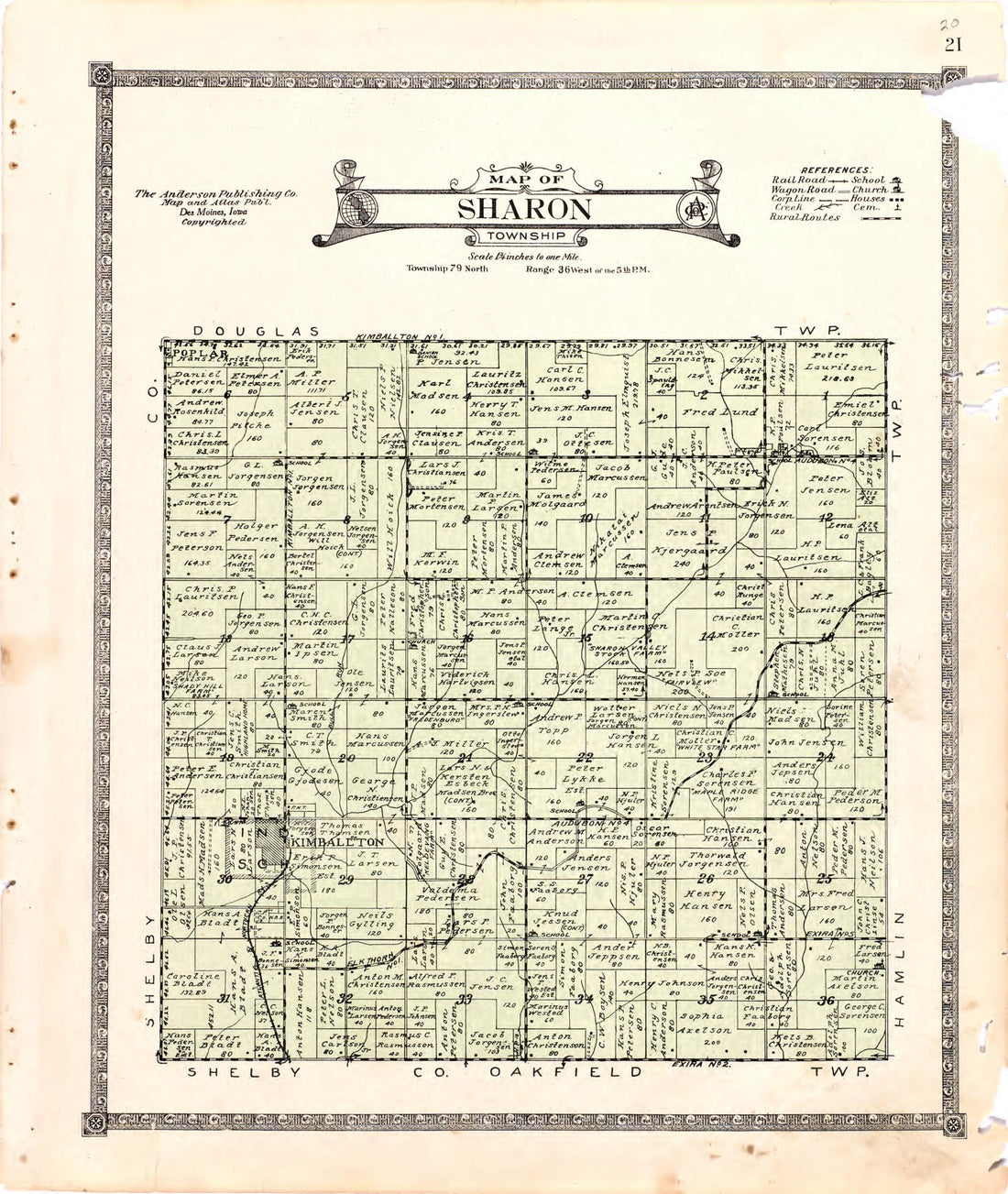 This old map of Map of Sharon Township from Atlas of Audubon County, Iowa from 1921 was created by Anderson Publishing Company in 1921