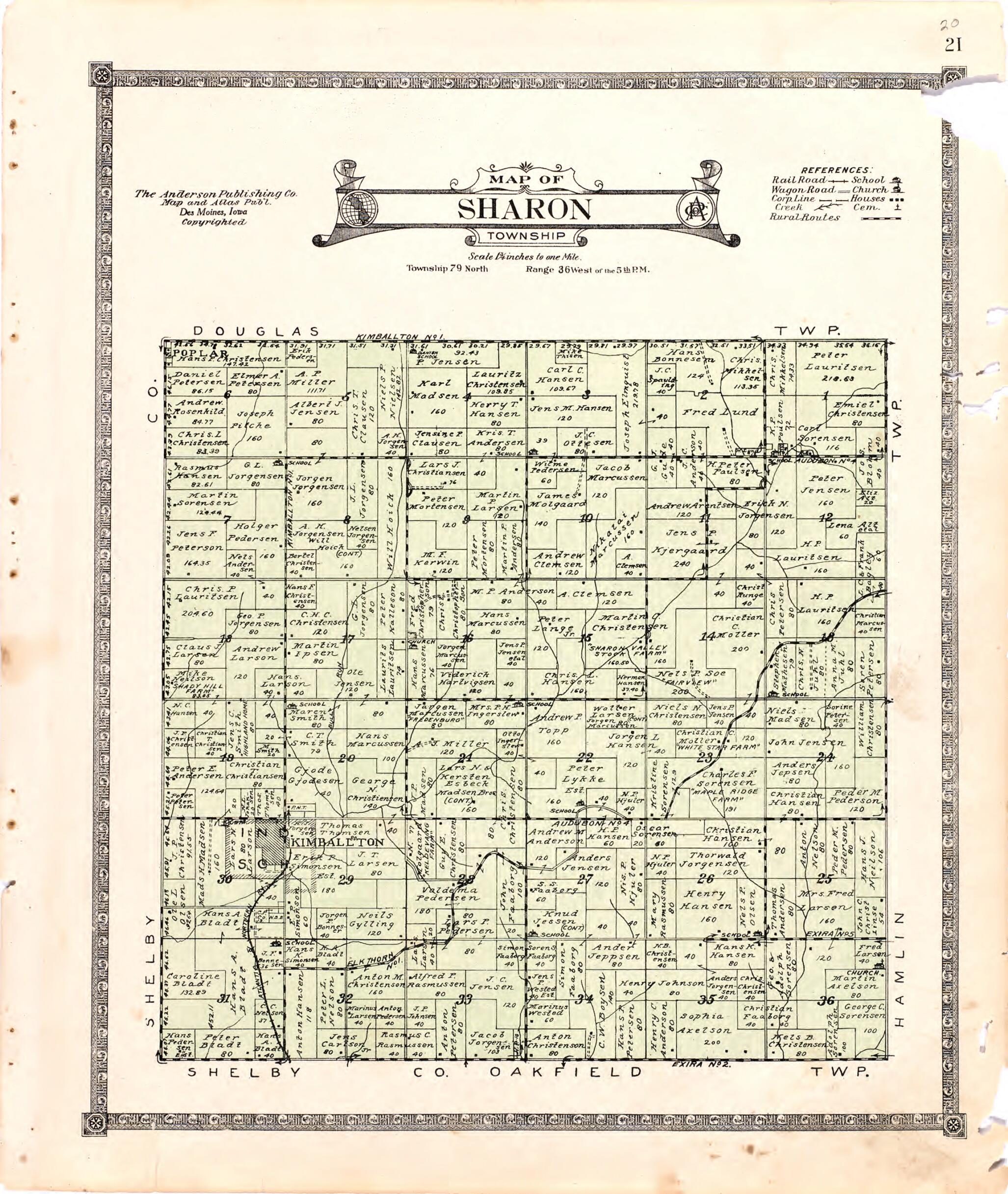 This old map of Map of Sharon Township from Atlas of Audubon County, Iowa from 1921 was created by Anderson Publishing Company in 1921