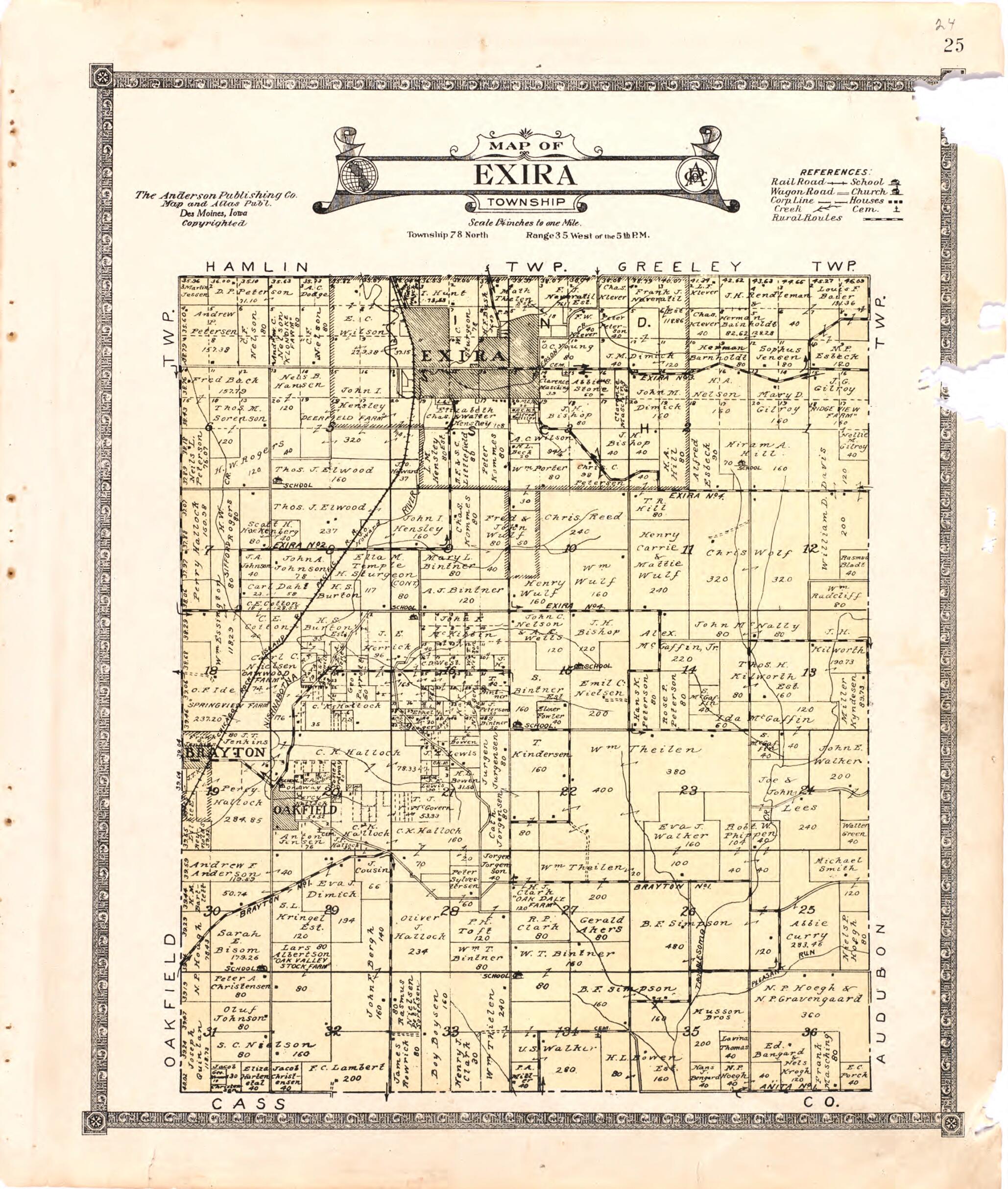This old map of Map of Exira Township from Atlas of Audubon County, Iowa from 1921 was created by Anderson Publishing Company in 1921