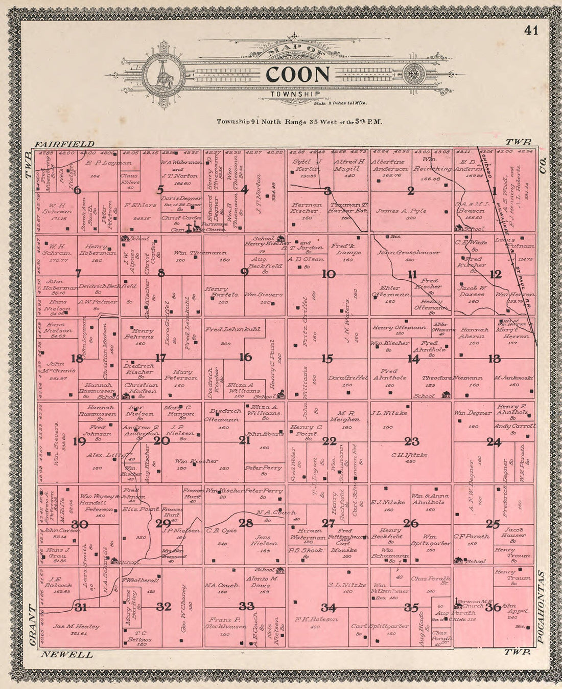 This old map of Coon from Standard Atlas of Buena Vista County, Iowa from 1908 was created by Geo. A. Ogle & Co in 1908